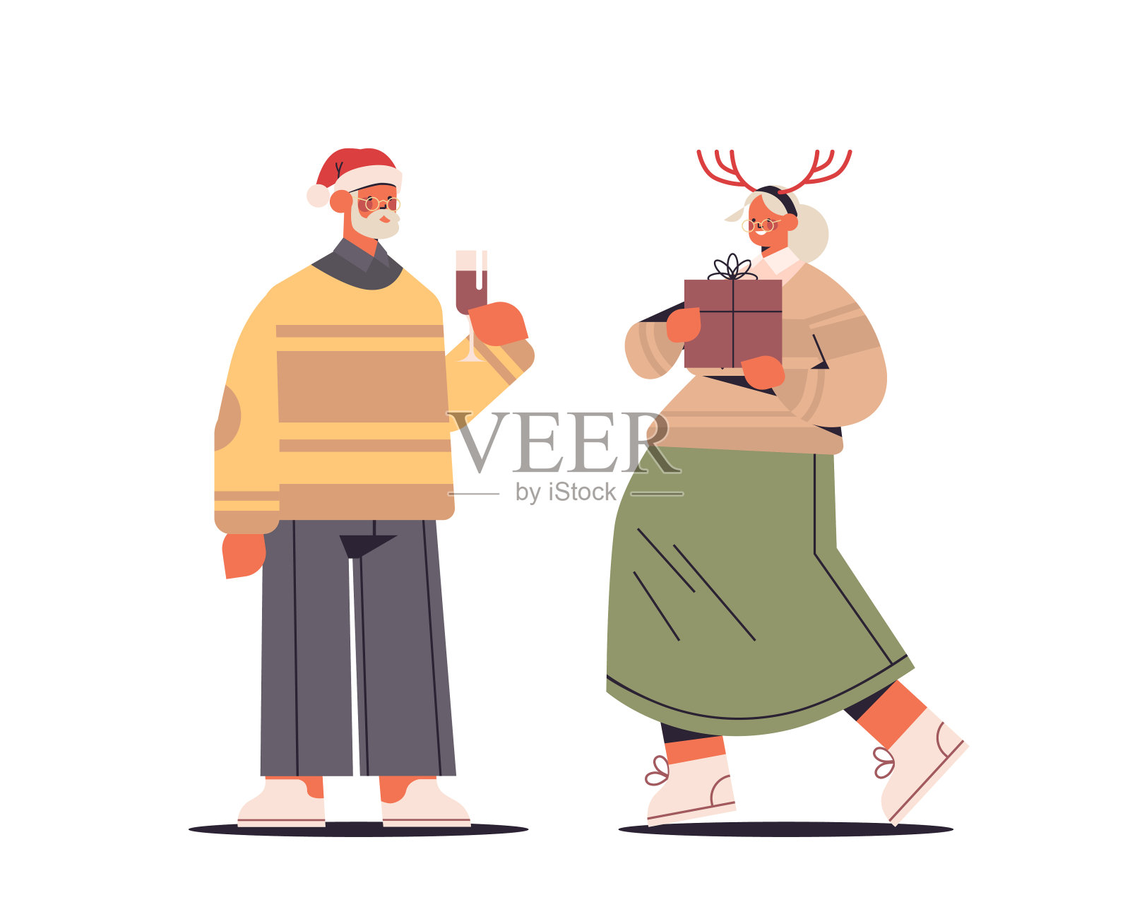 戴着圣诞老人帽子的老年夫妇玩着新年圣诞礼物插画图片素材