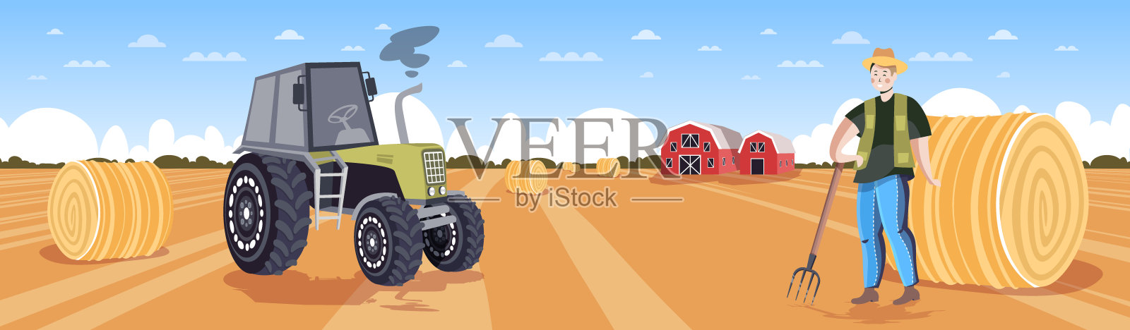 身着制服的男农民在收获的麦田里收集干草拖拉机做草包，进行生态农业插画图片素材