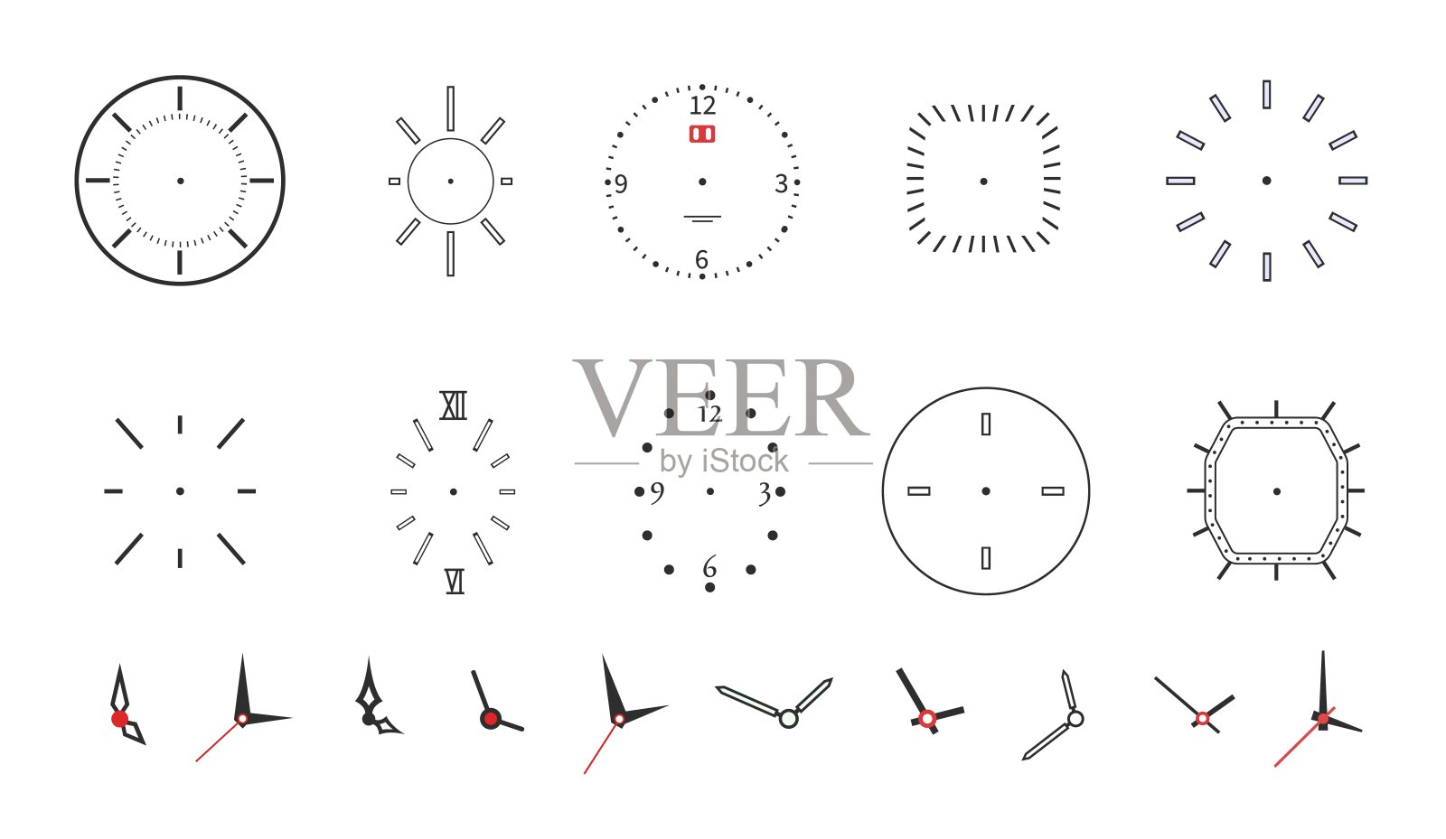 钟面。现代墙表盘设计。孤立的表盘与针，数字和箭头。黑色简约的时钟矢量符号插画图片素材