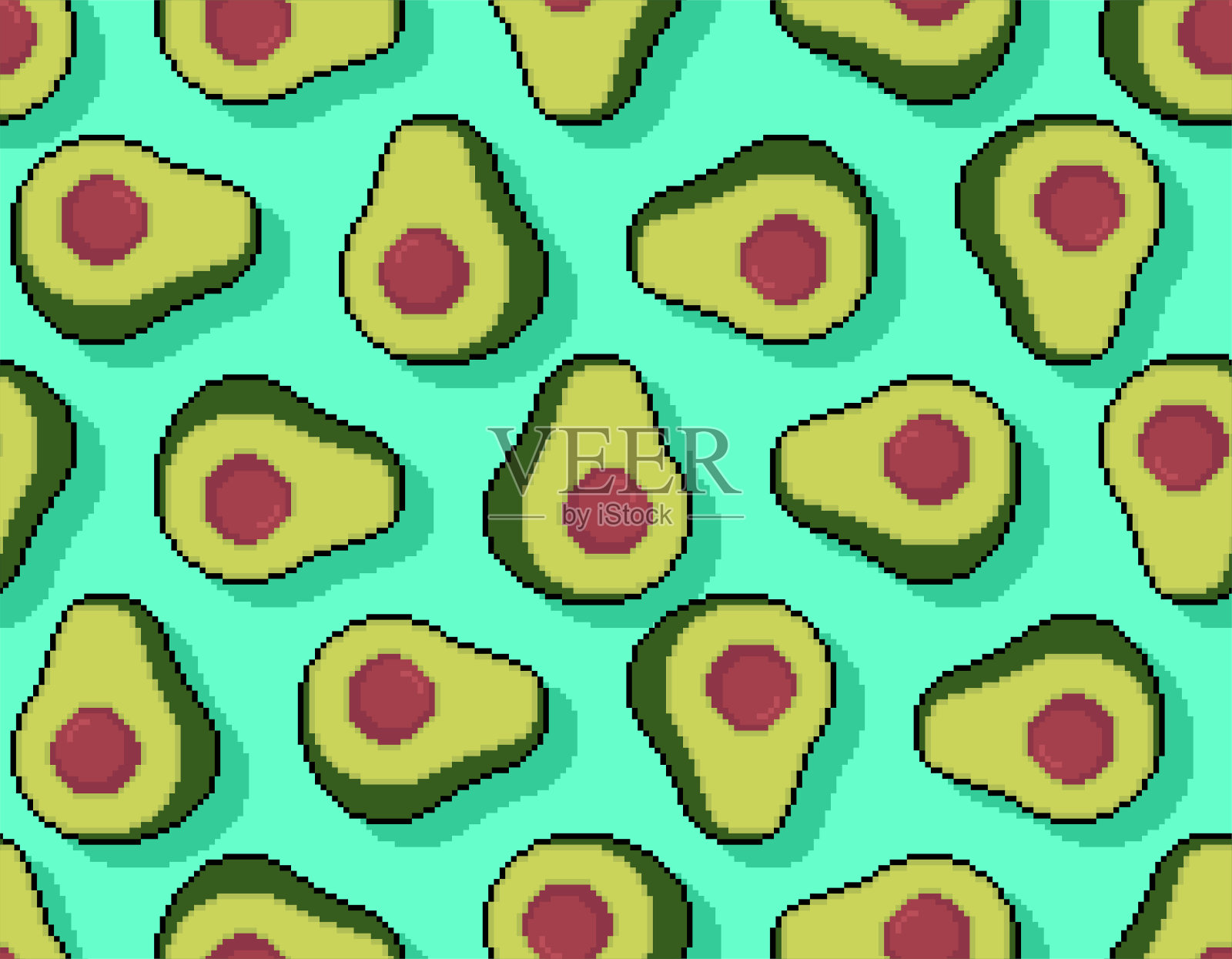 牛油果像素艺术图案无缝。热带绿色水果8位背景。像素化婴儿织物装饰插图插画图片素材