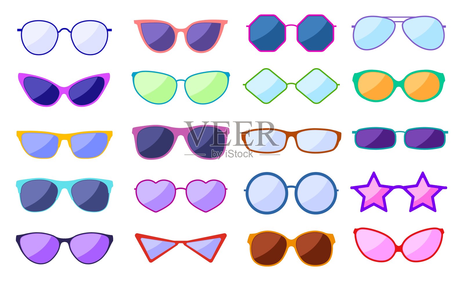 太阳镜的剪影。复古时尚眼镜，魅力护目镜。时尚眼镜反光，保护眼镜。矢量图标设置设计元素图片