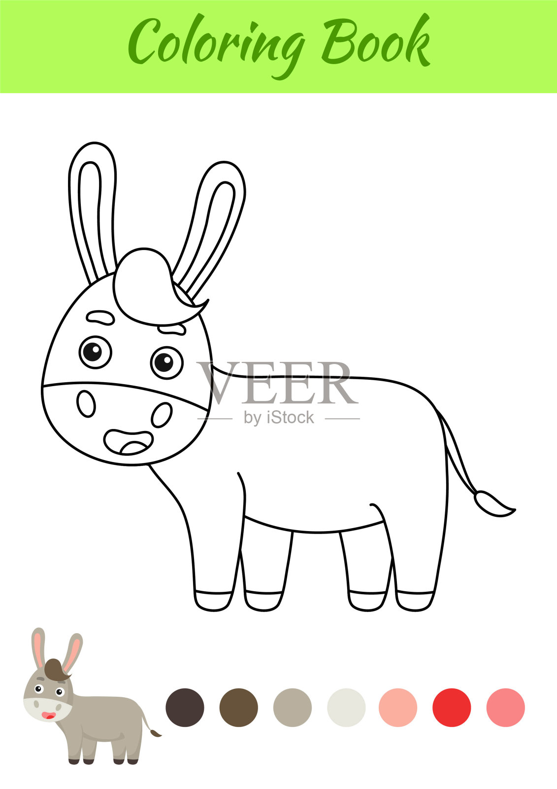 涂色页快乐的驴。儿童涂色书。为学前儿童和学步儿童和可爱的动物举办的教育活动。平面卡通彩色矢量插图。插画图片素材