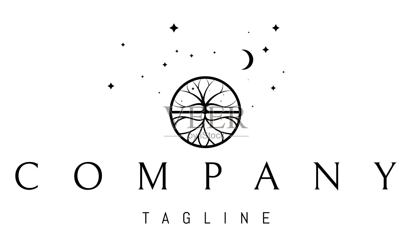 矢量标志，其中一个抽象形象的树枝树与根在月亮下的一个圆圈。插画图片素材