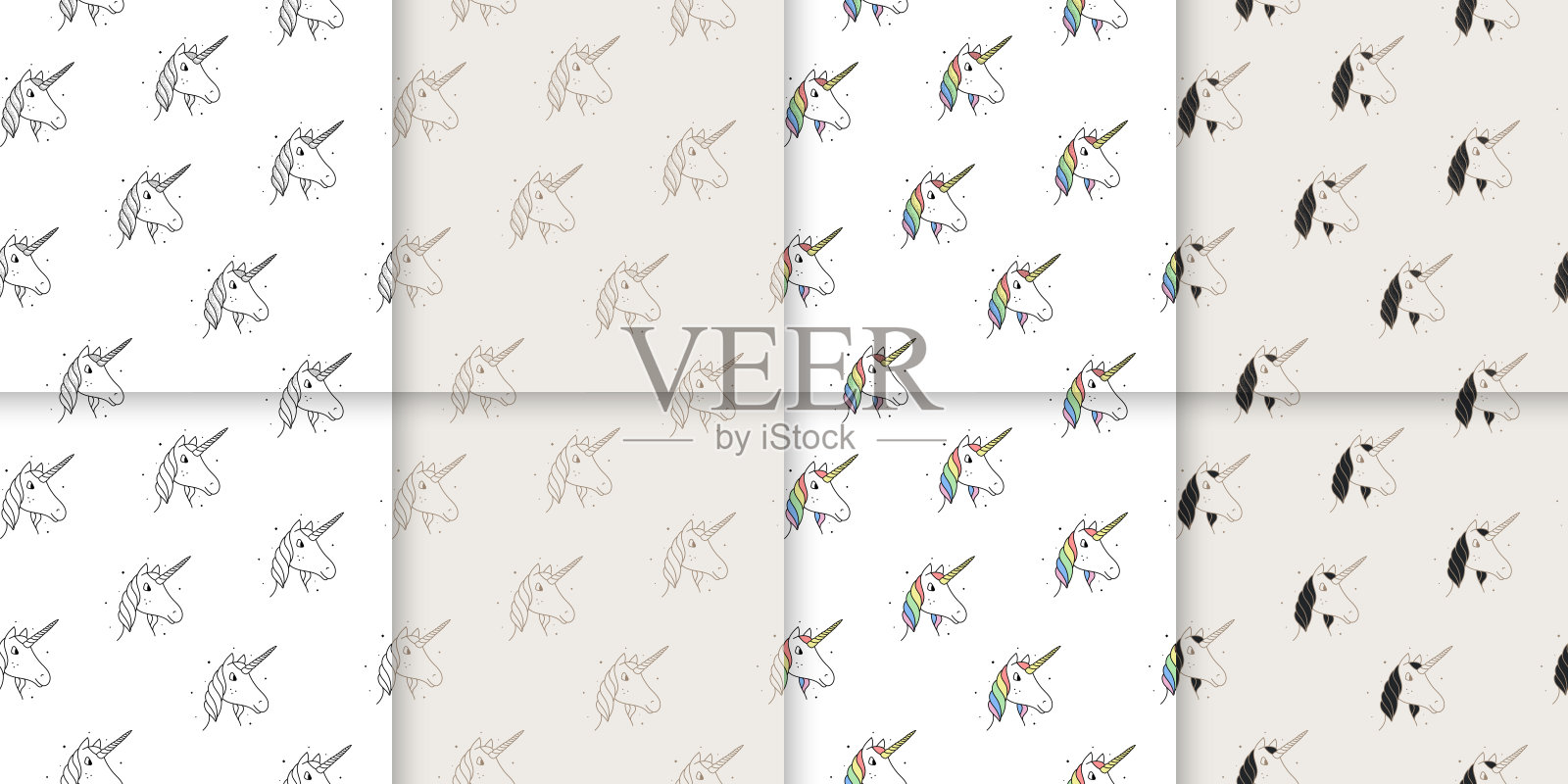 大套无缝模式的独角兽在维多利亚和现代风格。插画图片素材