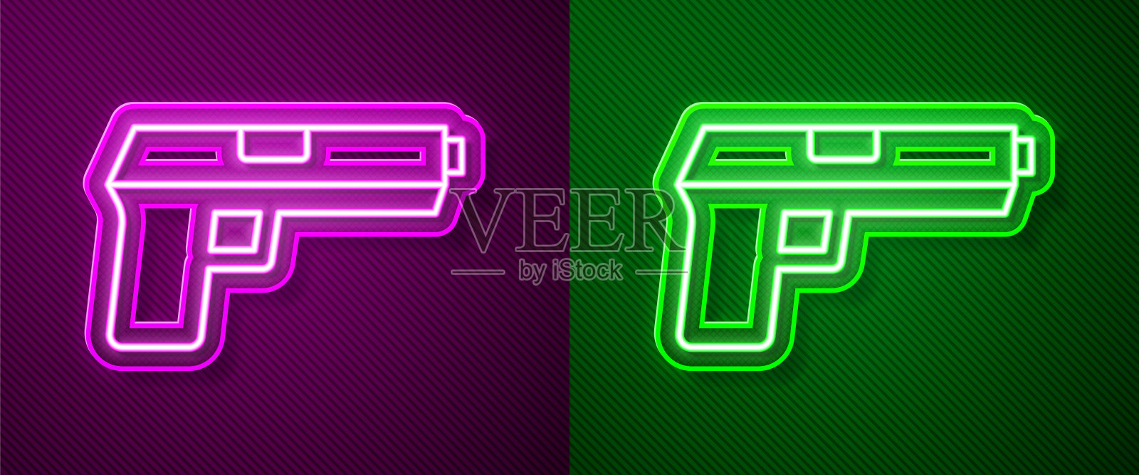 手枪或枪的图标孤立在紫色和绿色的背景上。警用或军用手枪。小型武器。向量插画图片素材