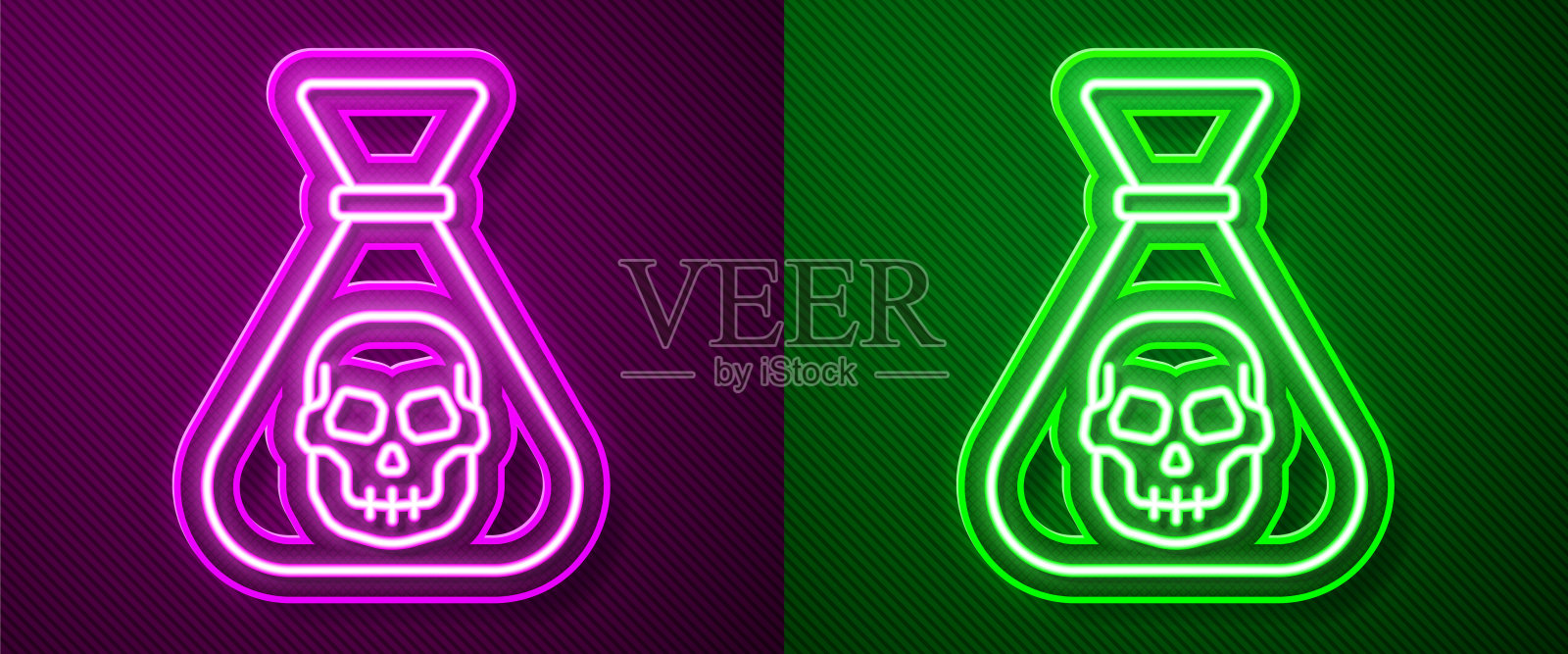 发光的霓虹灯线海盗硬币图标孤立在紫色和绿色的背景。向量插画图片素材