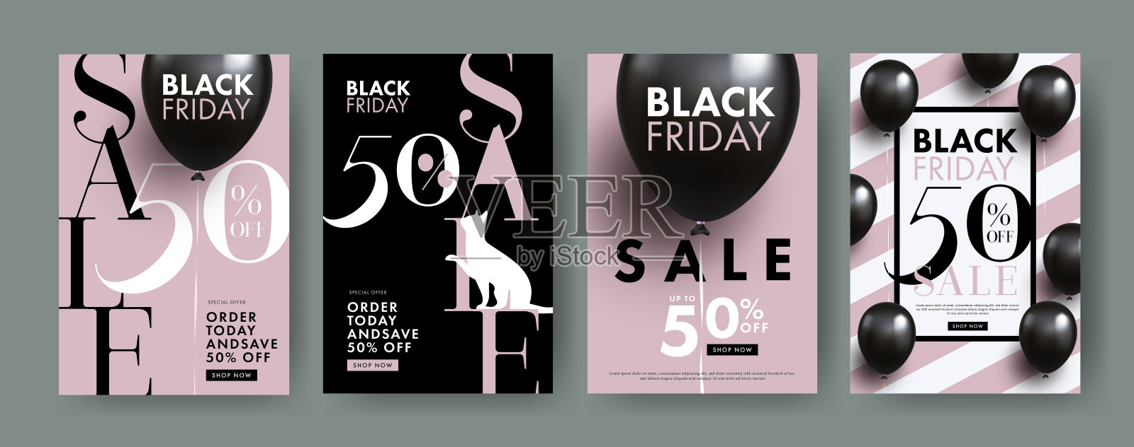 黑色星期五销售。海报设置在黑色和粉红色米色3d现实氦气球和现代印刷。打50%出售。时尚模板插画图片素材
