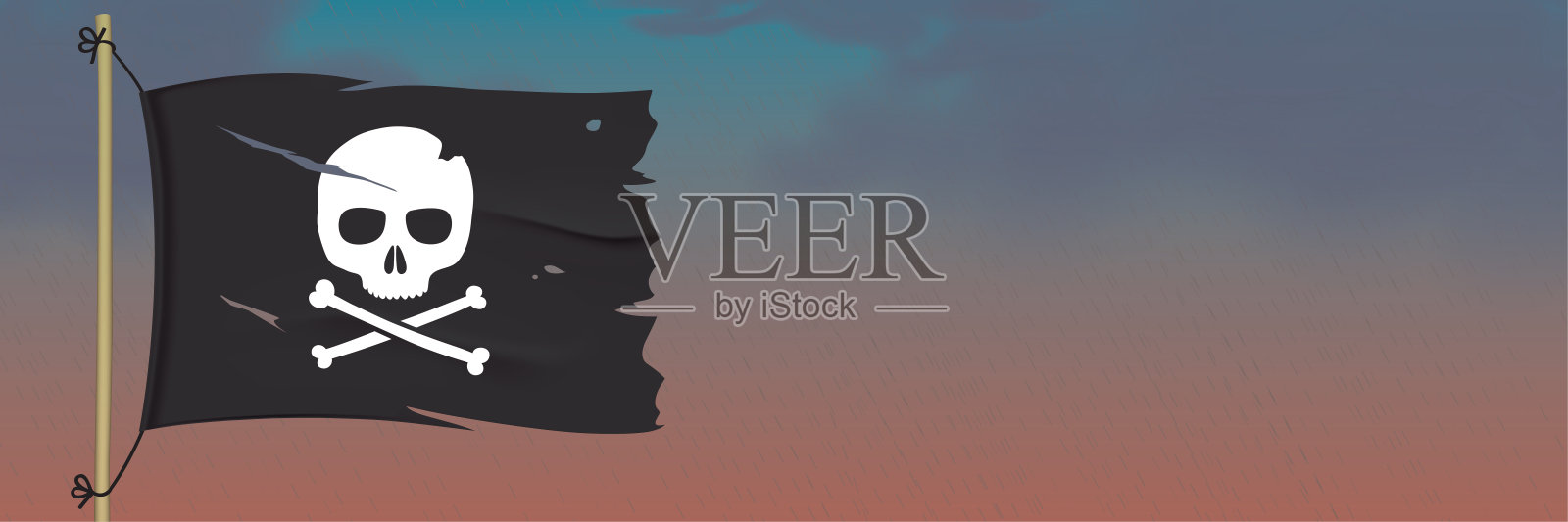 海盗旗，在黑暗的天空中飘扬。插画图片素材