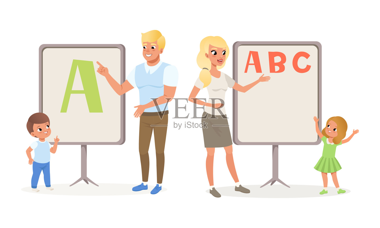 男人和女人教孩子字母矢量插图集插画图片素材