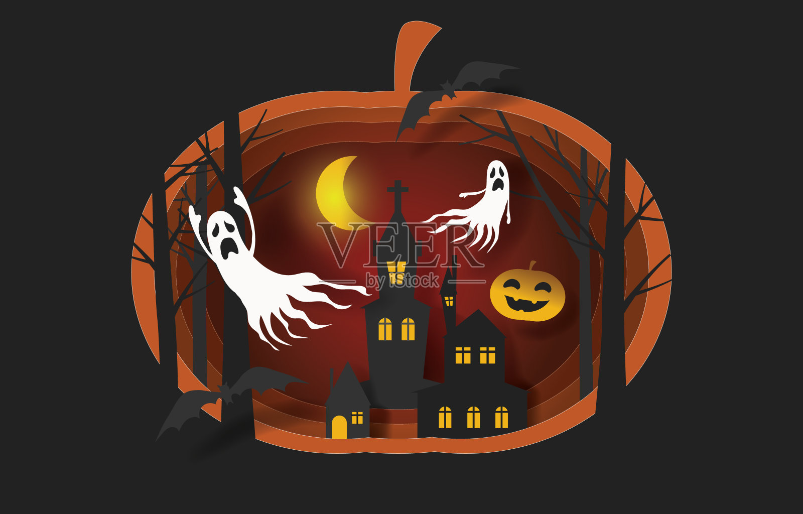 万圣节快乐横幅或派对邀请背景有南瓜，蝙蝠，幽灵，剪纸风格。万圣节派对或万圣节节日设计矢量插图。插画图片素材