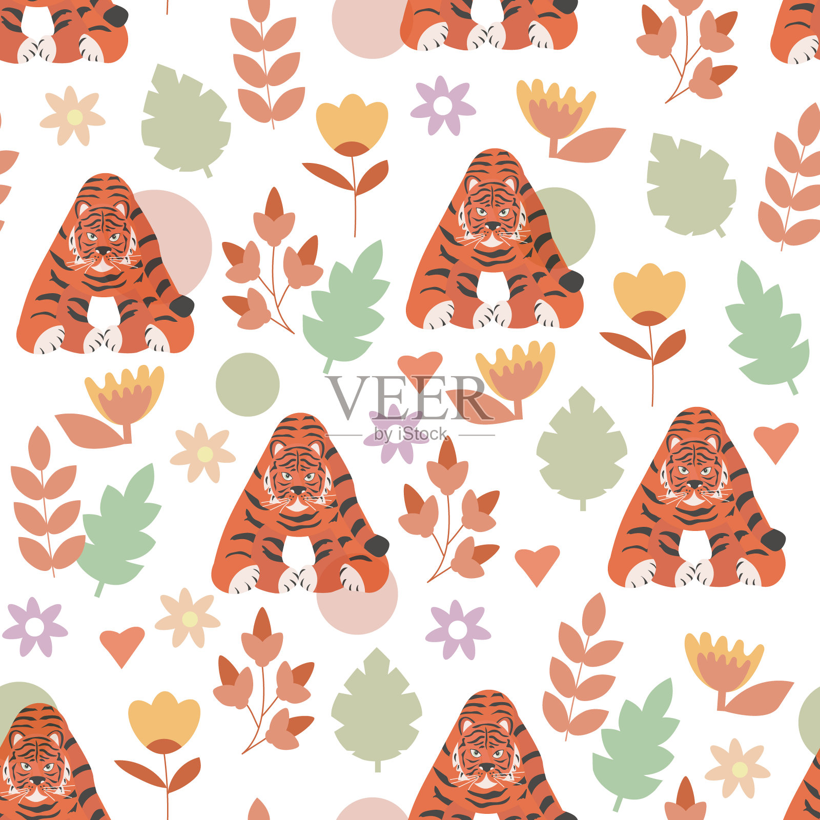 无缝模式与野生动物在大自然。扁平风格的程式化老虎。矢量插图纸张，封面，织物，礼品包装，墙壁艺术，室内装饰。插画图片素材