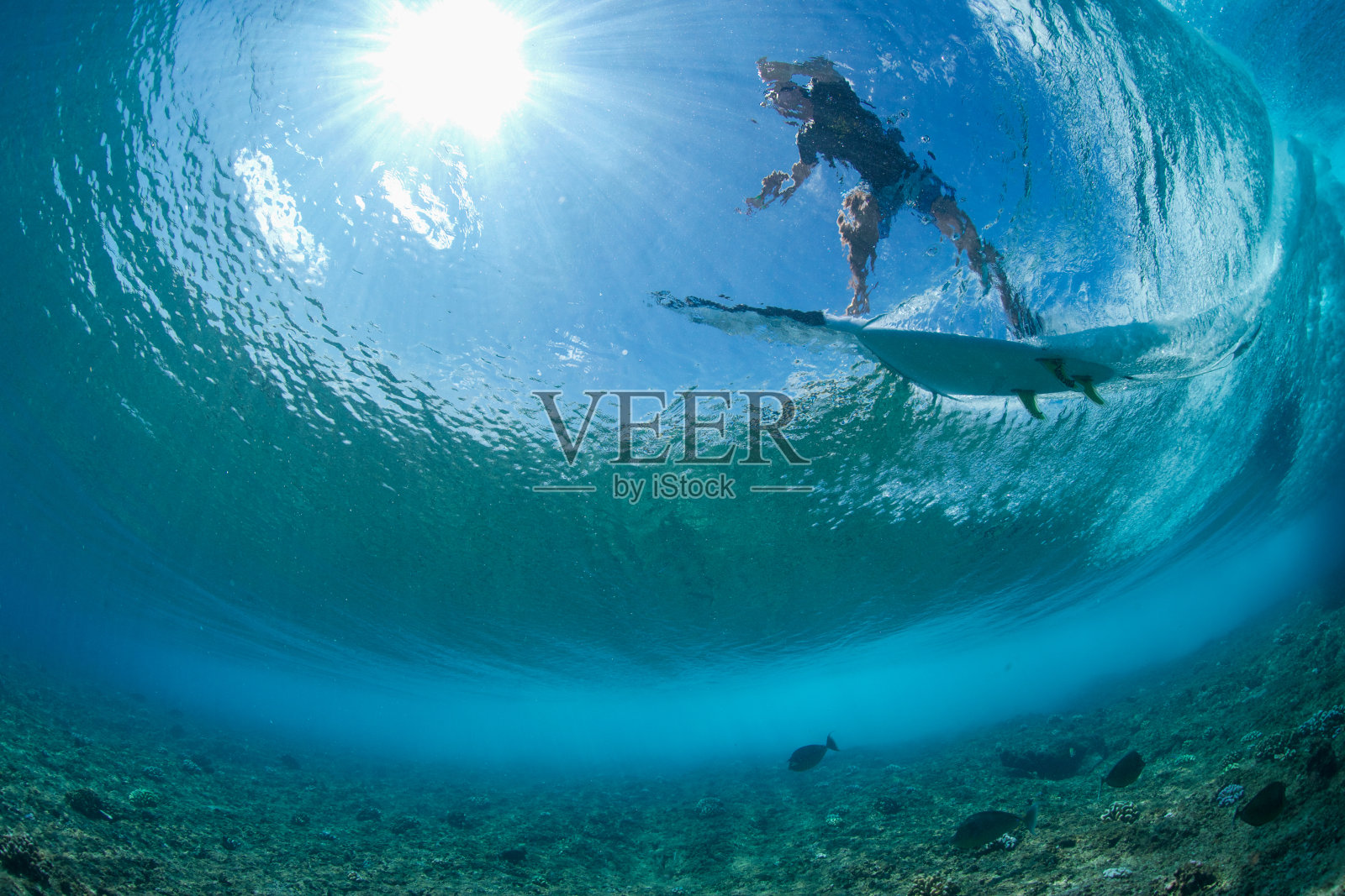 背光冲浪者从海浪后面看到照片摄影图片