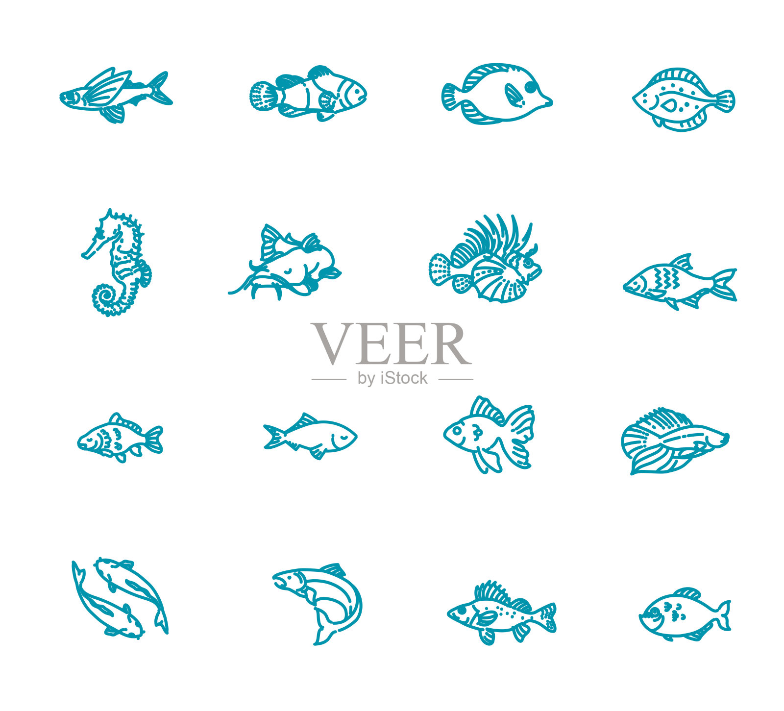 一套矢量轮廓鱼图标，水族馆图标素材