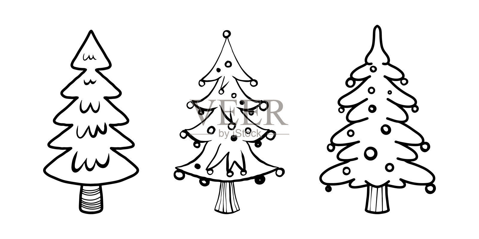 冬天，新年和圣诞节树的大纲插图。向量集三棵圣诞树装饰元素为冬季假期设计。时尚素描线条艺术手绘风格插画图片素材