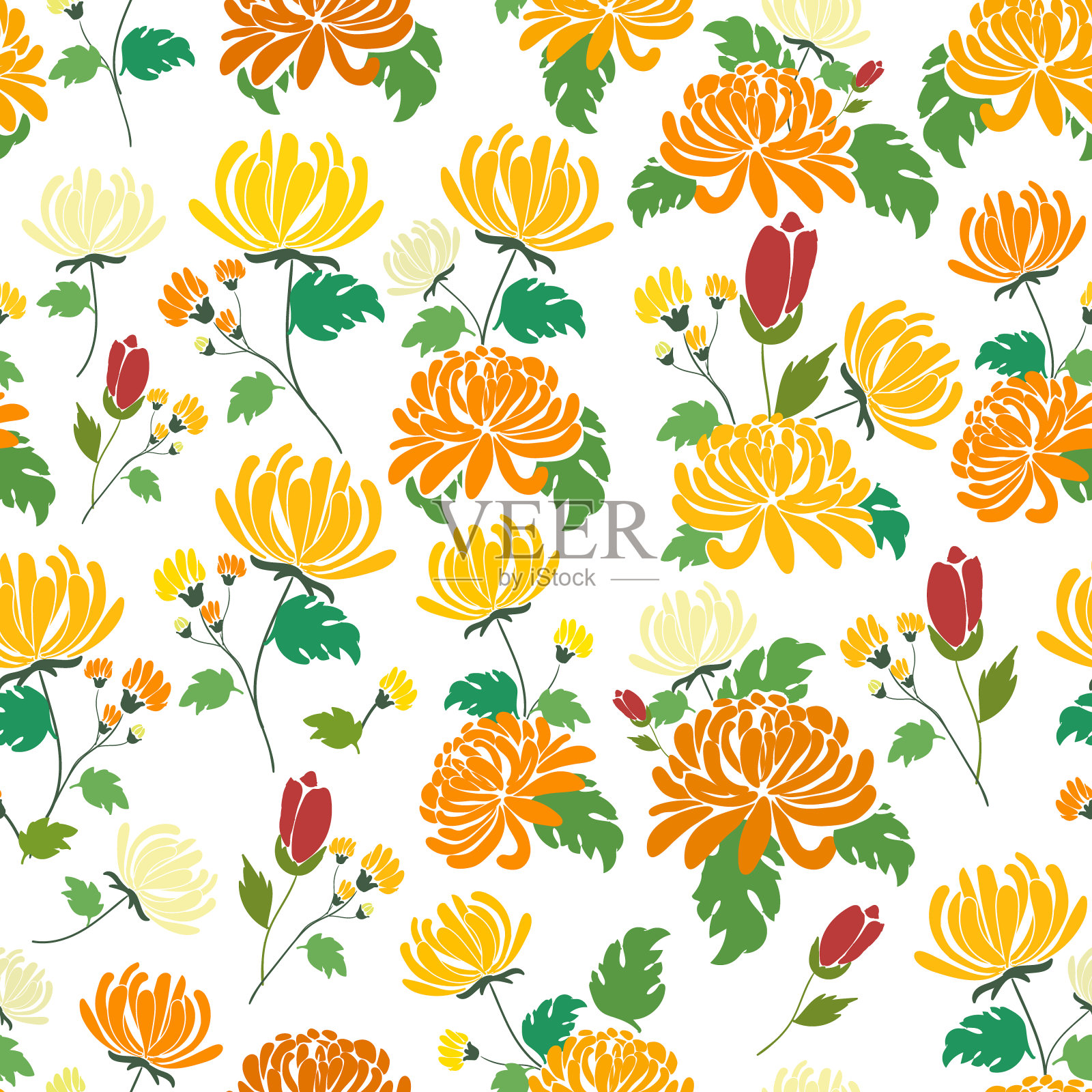 黄色和橙色的菊花平面图案插画图片素材