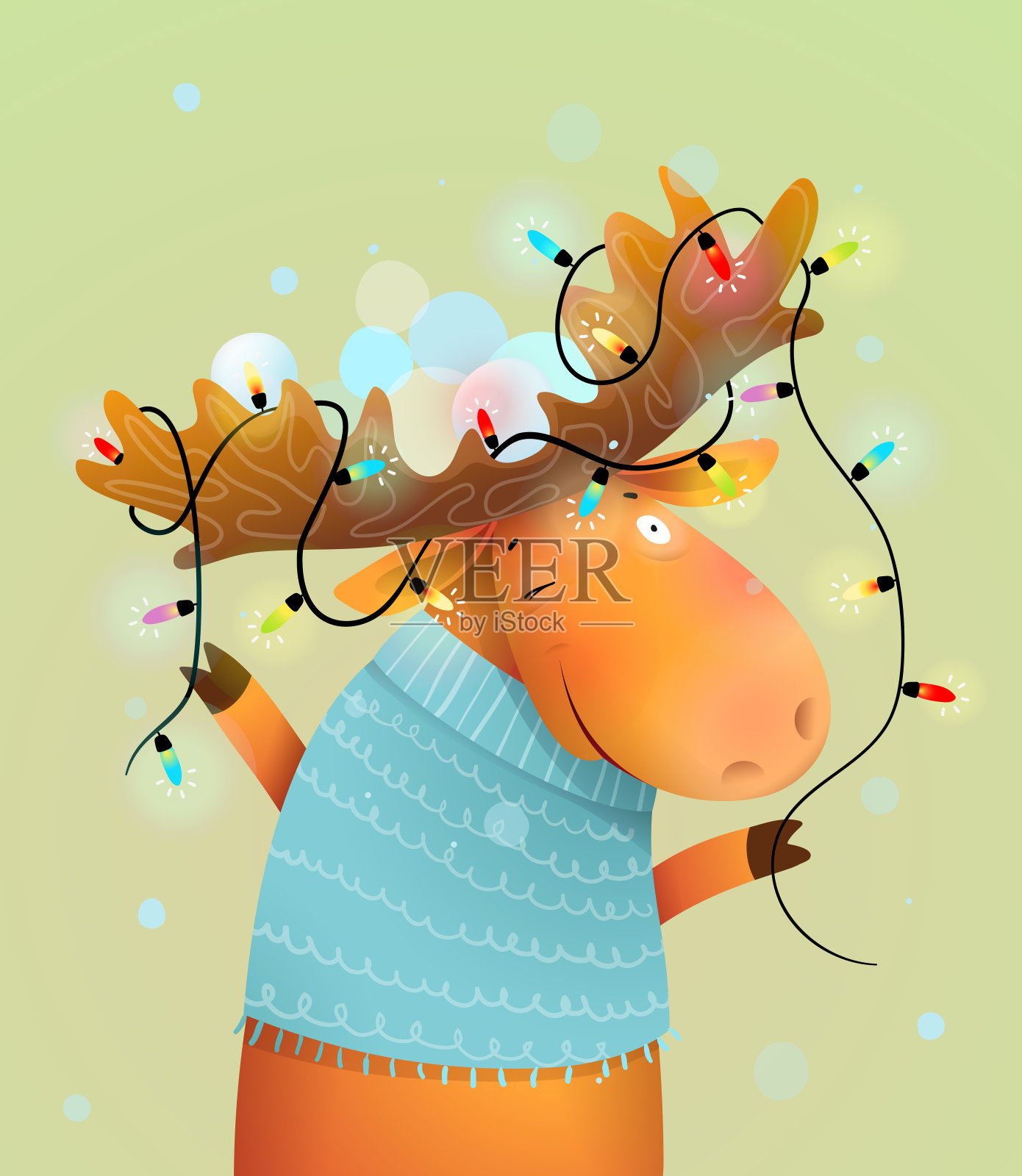 驯鹿鹿角上闪烁的圣诞彩灯插画图片素材