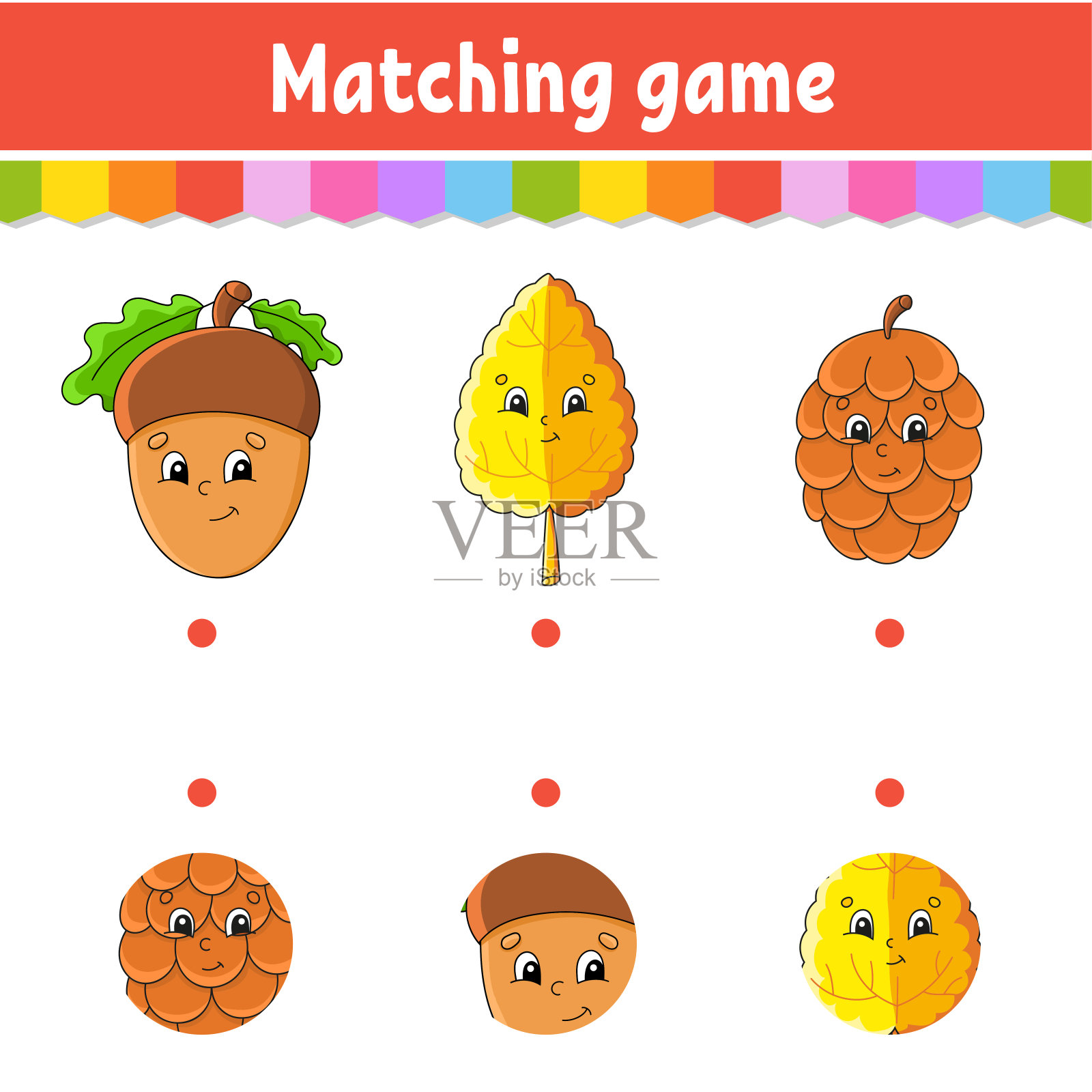 儿童配对游戏。教育发展工作表。画一条线。活动页面。卡通人物。秋天的主题。插画图片素材