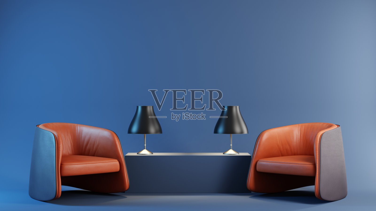 现代扶手椅和蓝色背景。复制空间概念室内图像。(8 k图)照片摄影图片