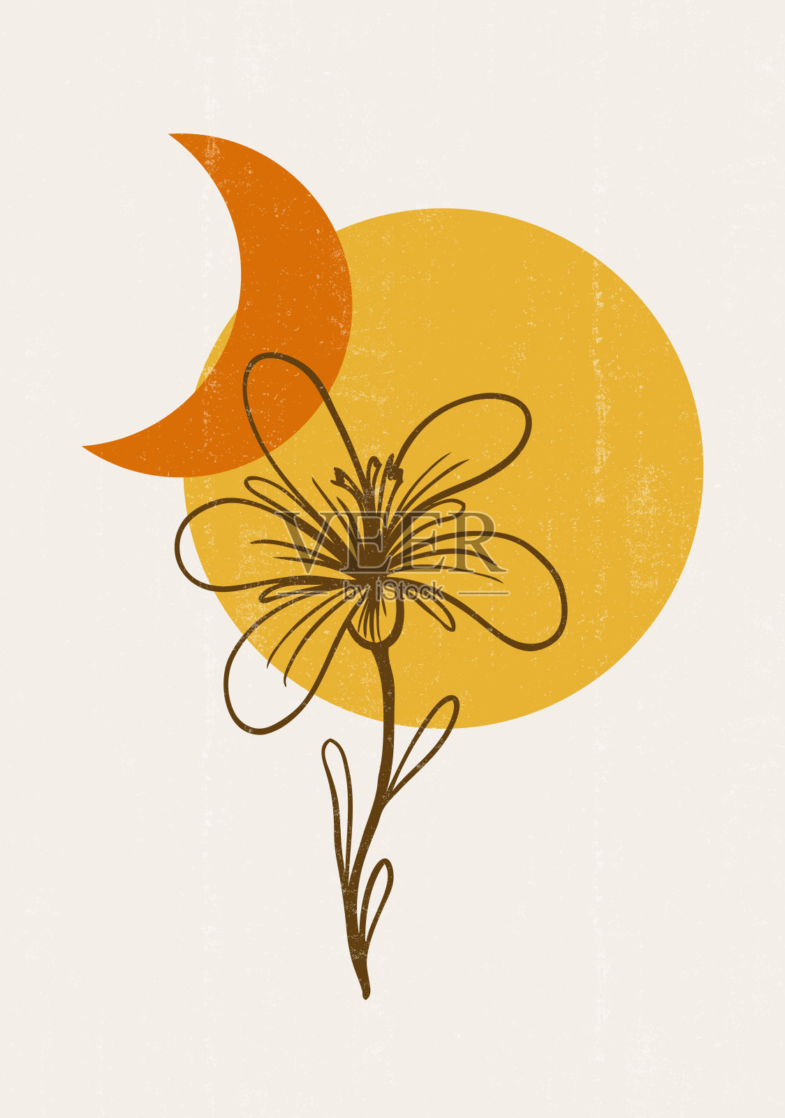 抽象的太阳月亮叶版画波西米亚极简版画墙艺术插画图片素材