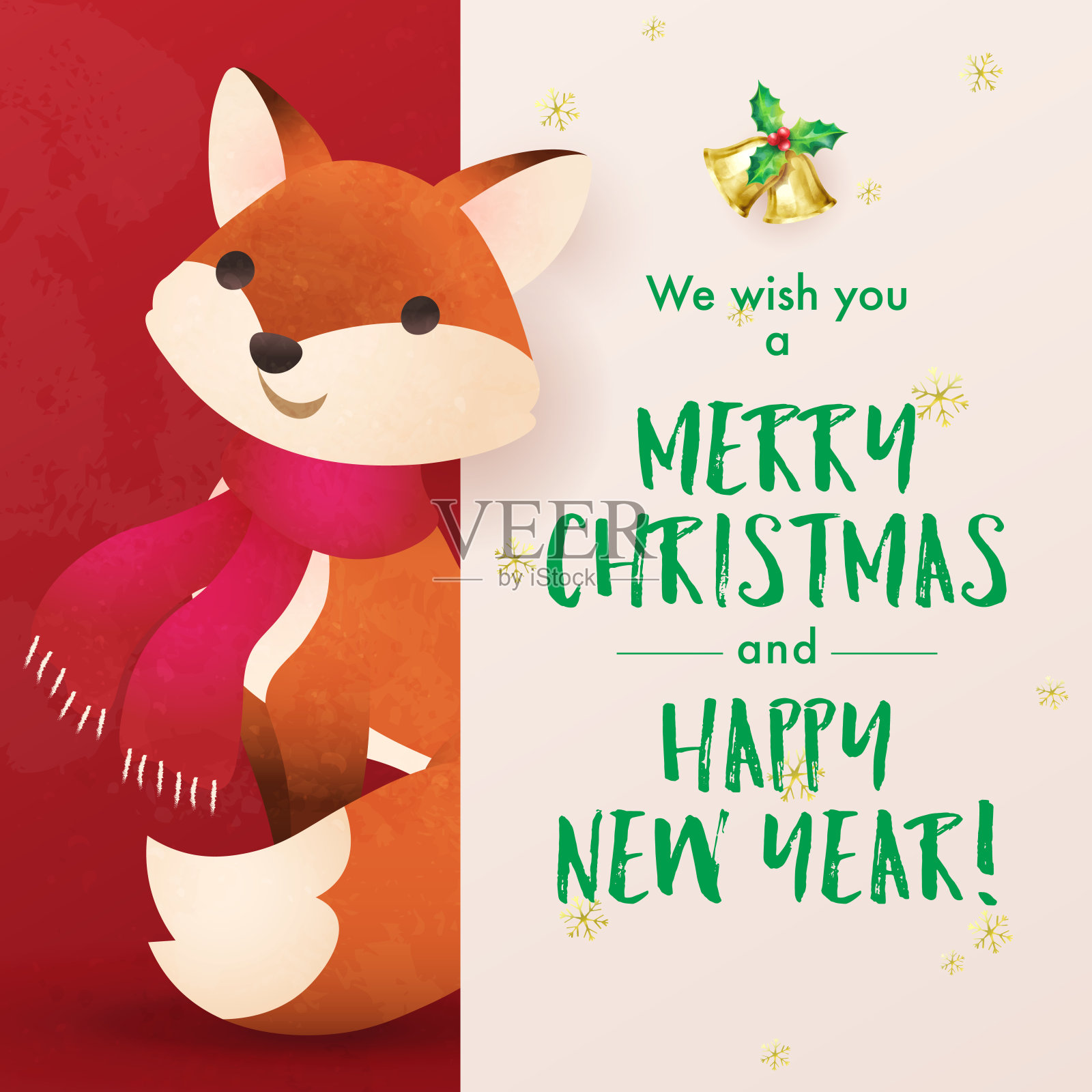 可爱的狐狸与圣诞快乐标牌，圣诞新年贺卡插画图片素材