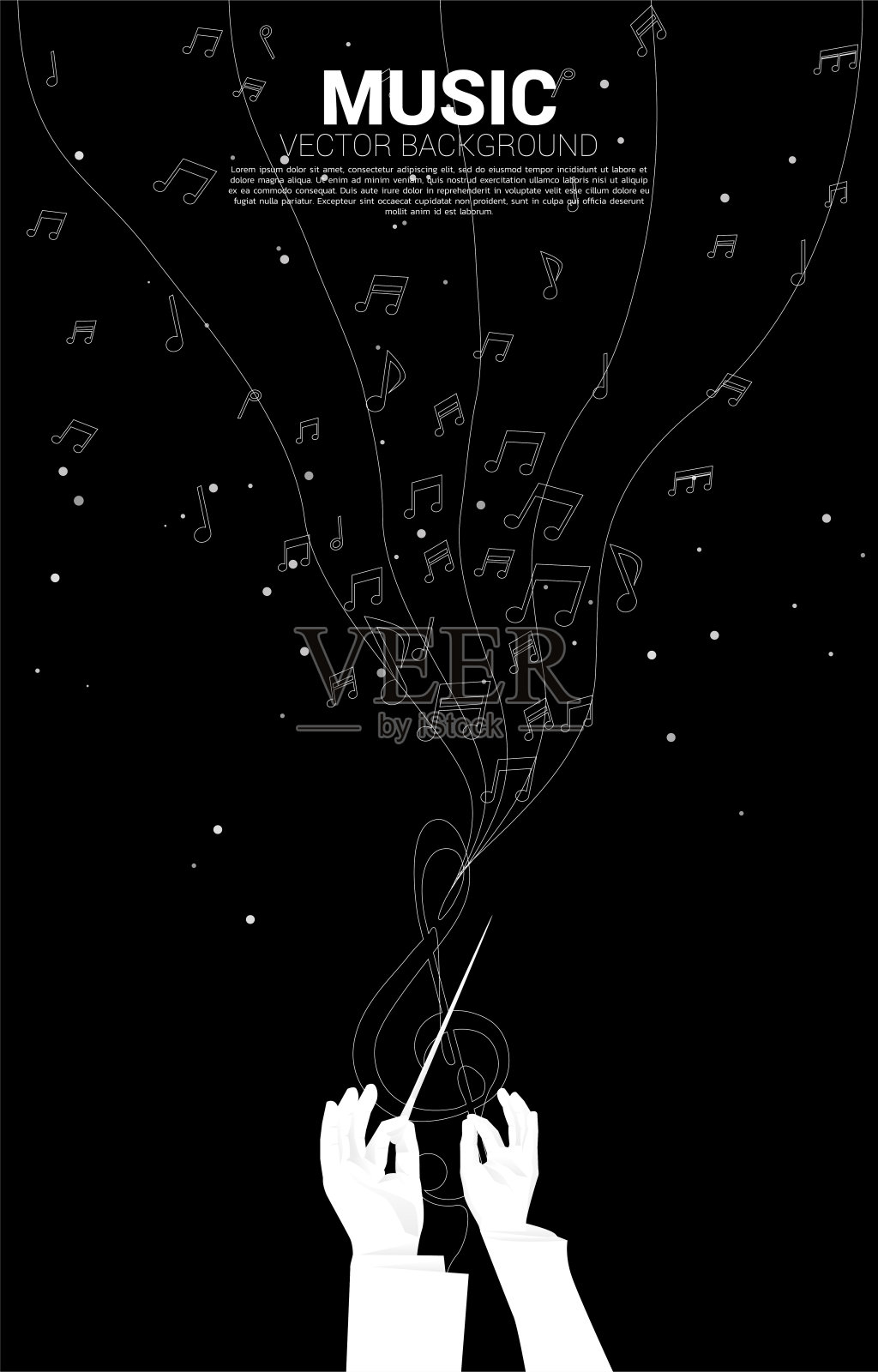 向量指挥手与模板音乐旋律音符舞蹈流。插画图片素材
