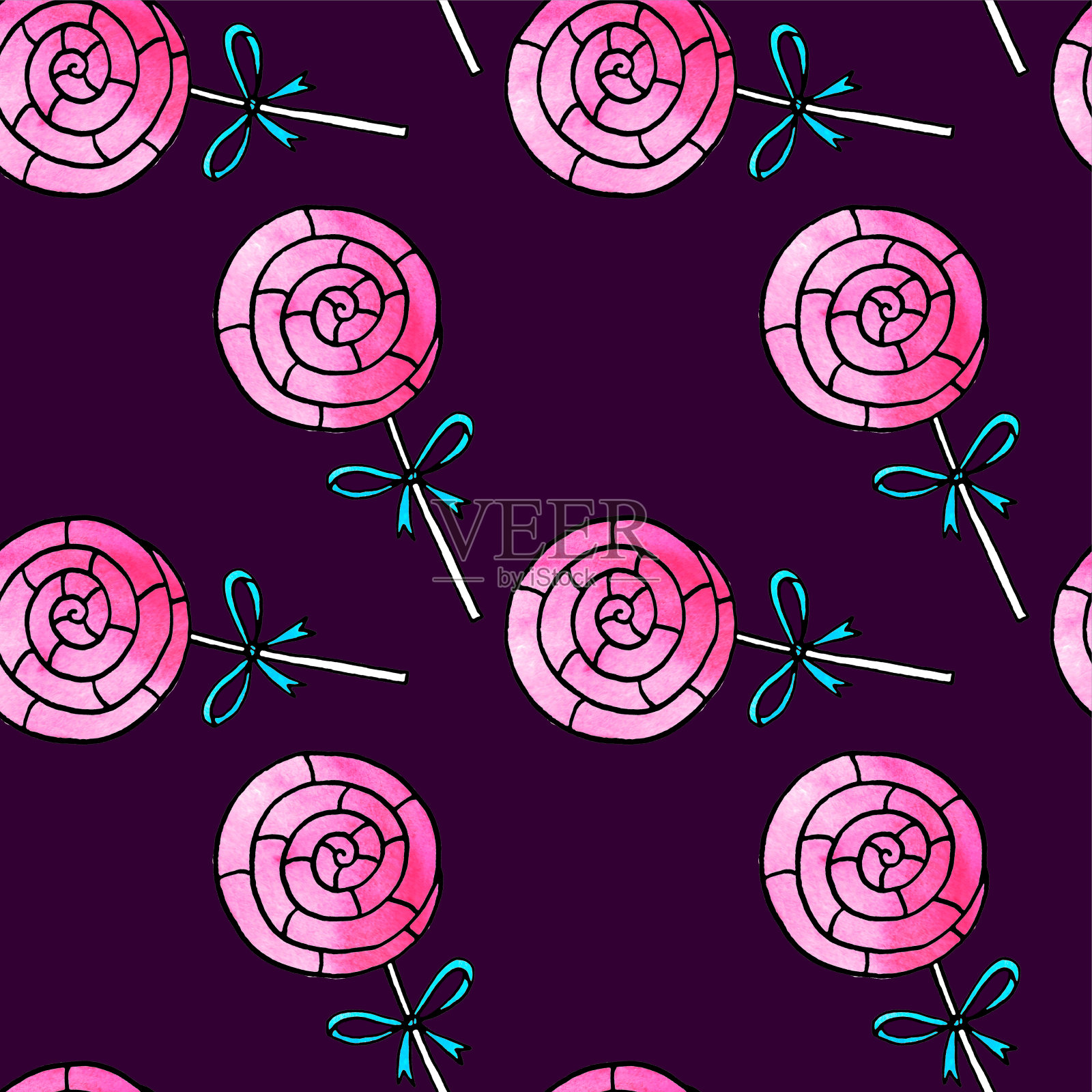 无缝图案与棒棒糖。可爱的粉色水彩手绘糖果假日背景和纹理。用于情人节、生日、贺卡、包装纸、童装纺织设计元素图片