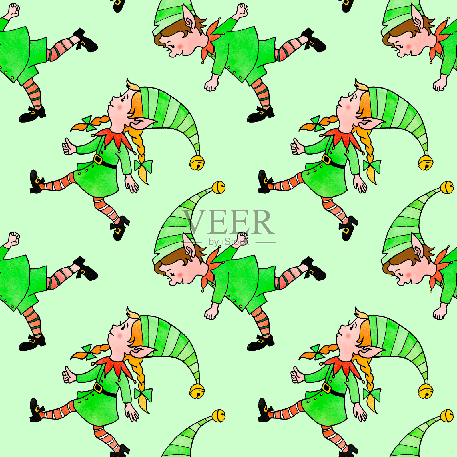 无缝模式与圣诞精灵。新年圣诞水彩手绘背景和纹理。用于贺卡、包装纸、包装、纺织品、织物、印刷品插画图片素材