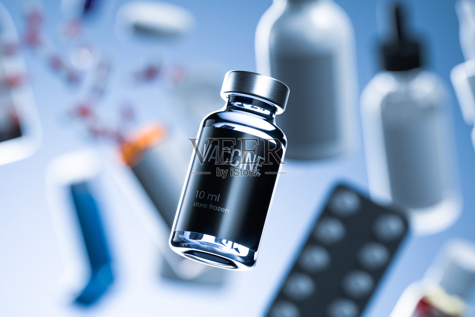 来自病毒的疫苗与黑色空白标签悬浮药丸，胶囊和药物背景。3D渲染照片摄影图片