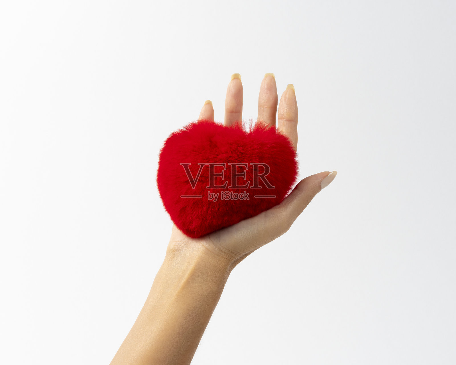 心形红色毛绒毛绒玩具在女人的手里。简约的情人节或爱情概念。照片摄影图片