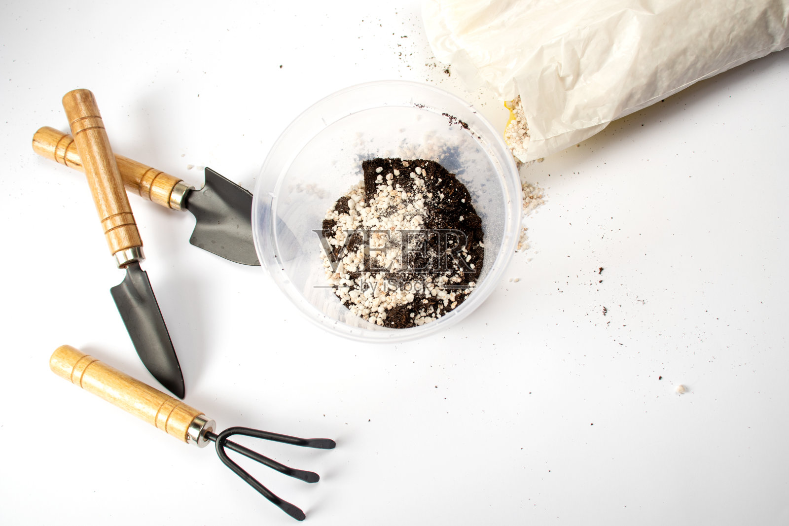 园艺工具孤立在白色背景。室内种植鲜花。复制空间设计。照片摄影图片