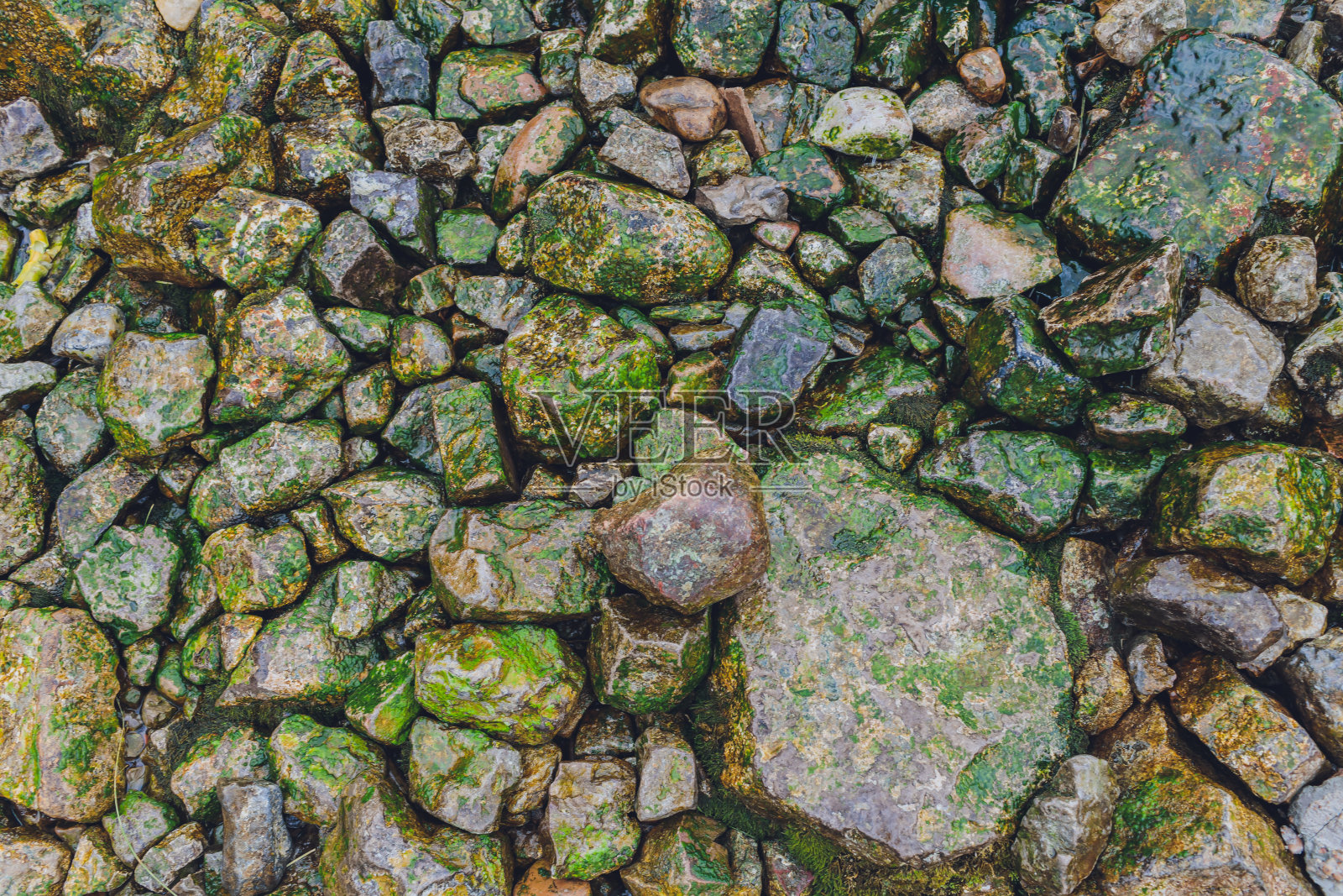 涟漪在水中的圆卵石上产生阴影。照片摄影图片