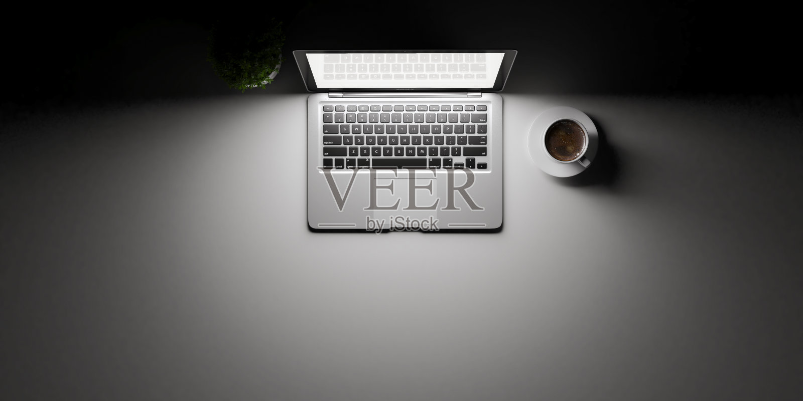 俯视图的笔记本概念与聚光灯下的白色书桌概念背景3D渲染照片摄影图片