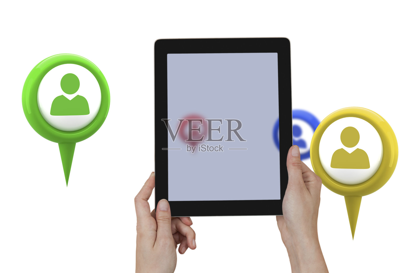 在白色背景下手持数码平板电脑的合成图像照片摄影图片