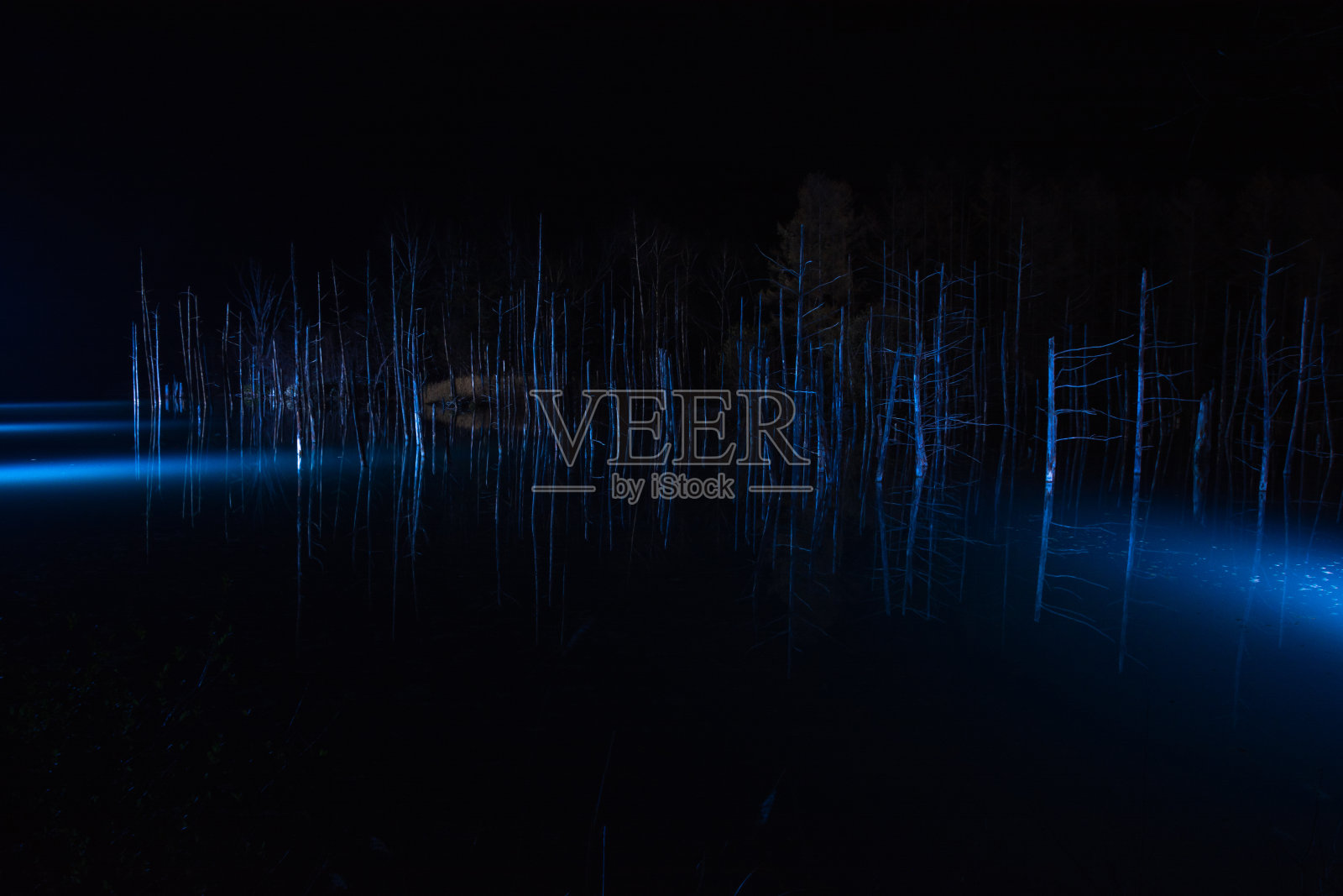 照亮了梦幻般的秋蓝池塘照片摄影图片