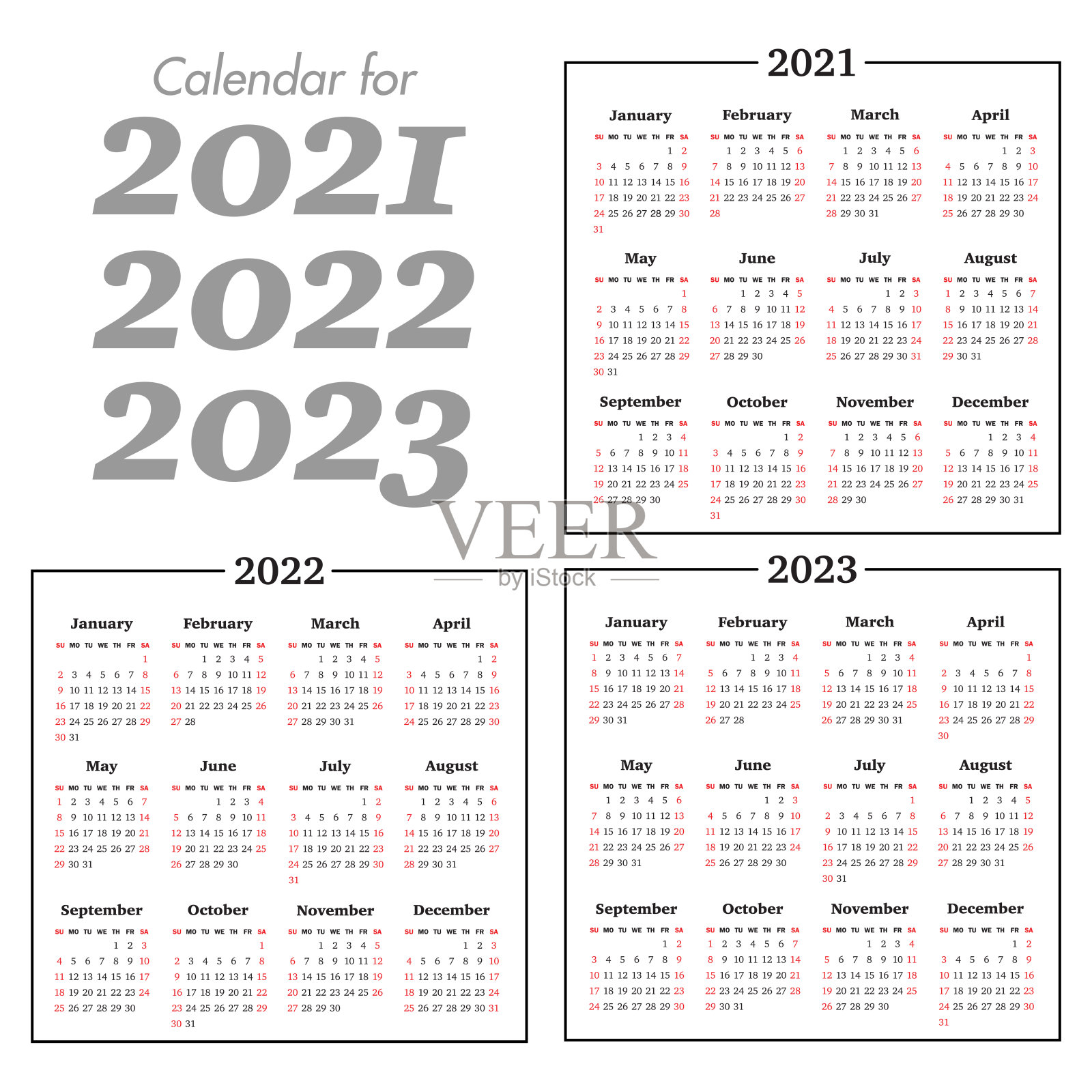 矢量日历为2021年、2022年、2023年。周日开始插画图片素材