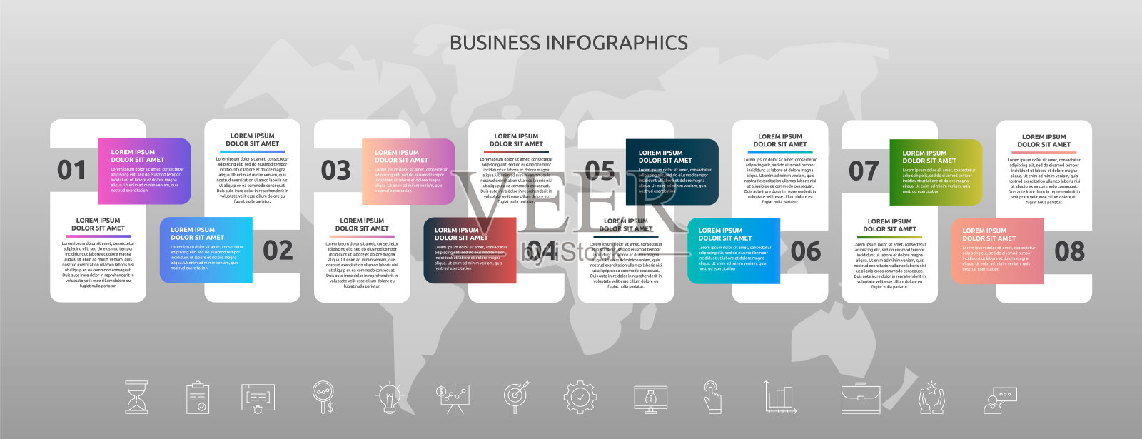 信息图矩形与八个步骤，图标插画图片素材