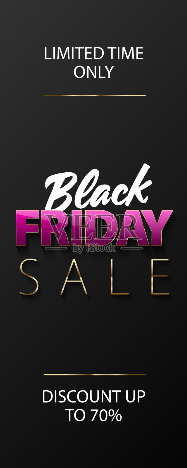 黑色背景的黑色星期五促销垂直横幅。白色，粉色和金色的文字。玻璃效果反射在光滑的粉红色字母上。限时只打七折设计元素图片