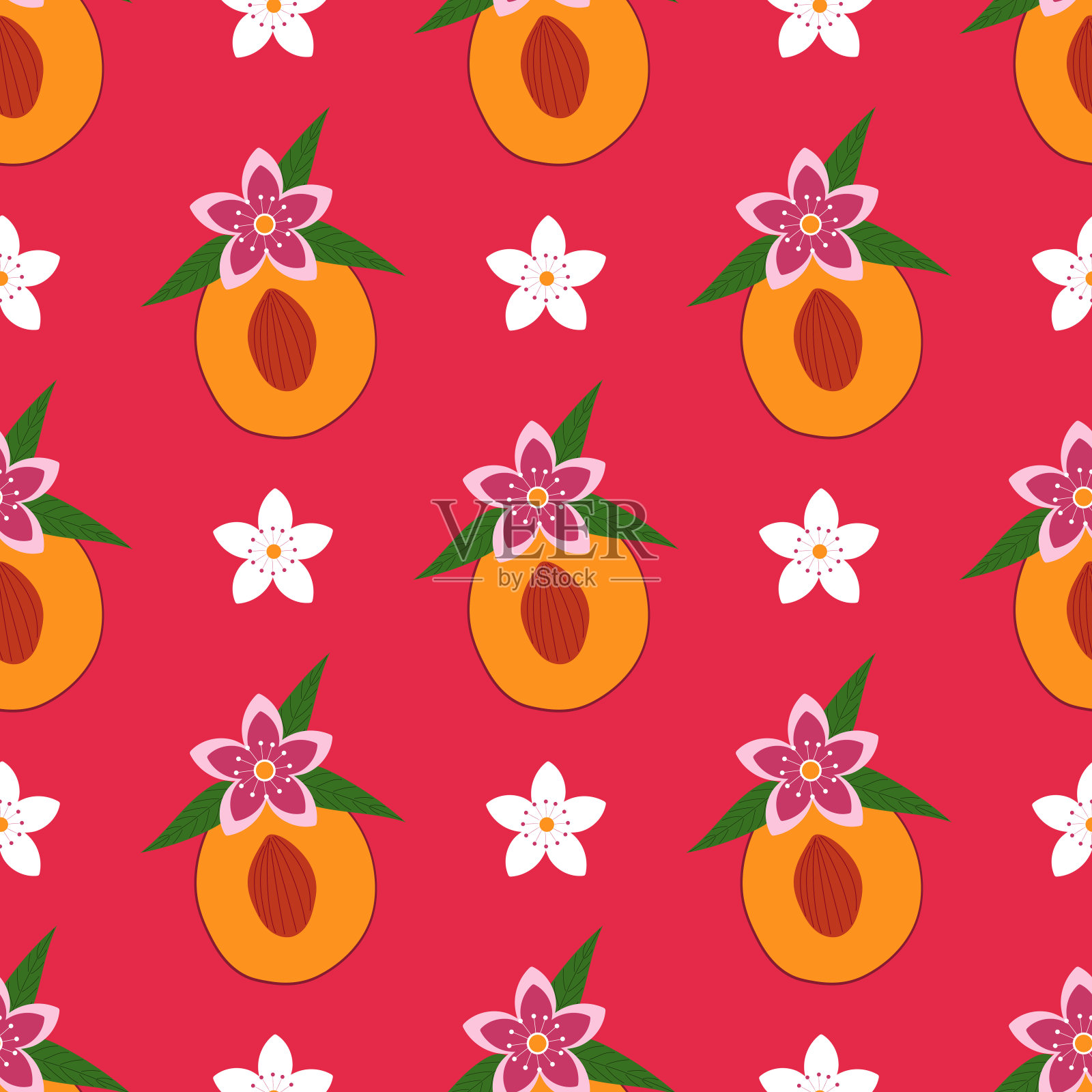 无缝图案的桃子和桃花在一个温暖的粉红色的背景。插画图片素材