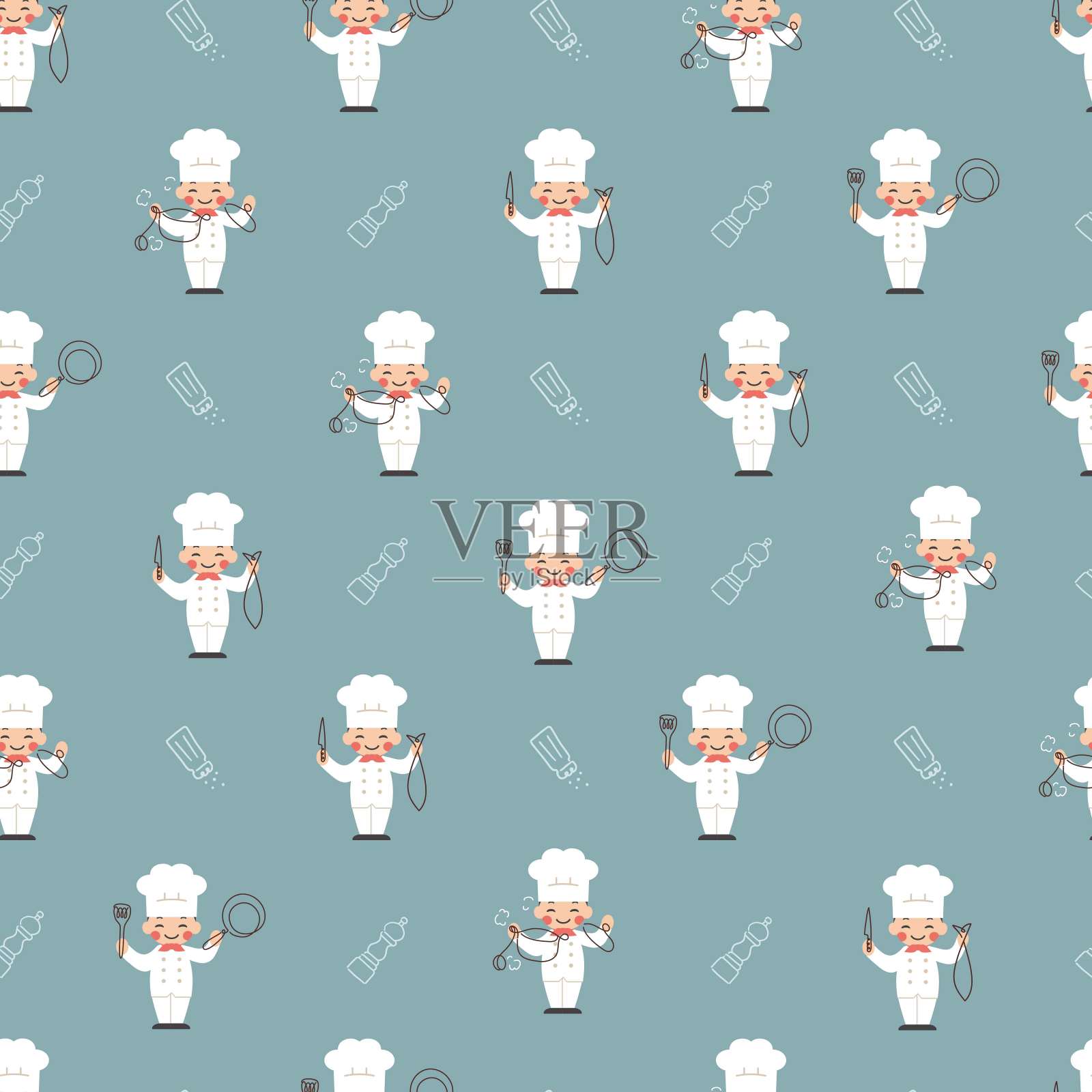 我们的内部厨师矢量图形可爱的卡通无缝模式插画图片素材