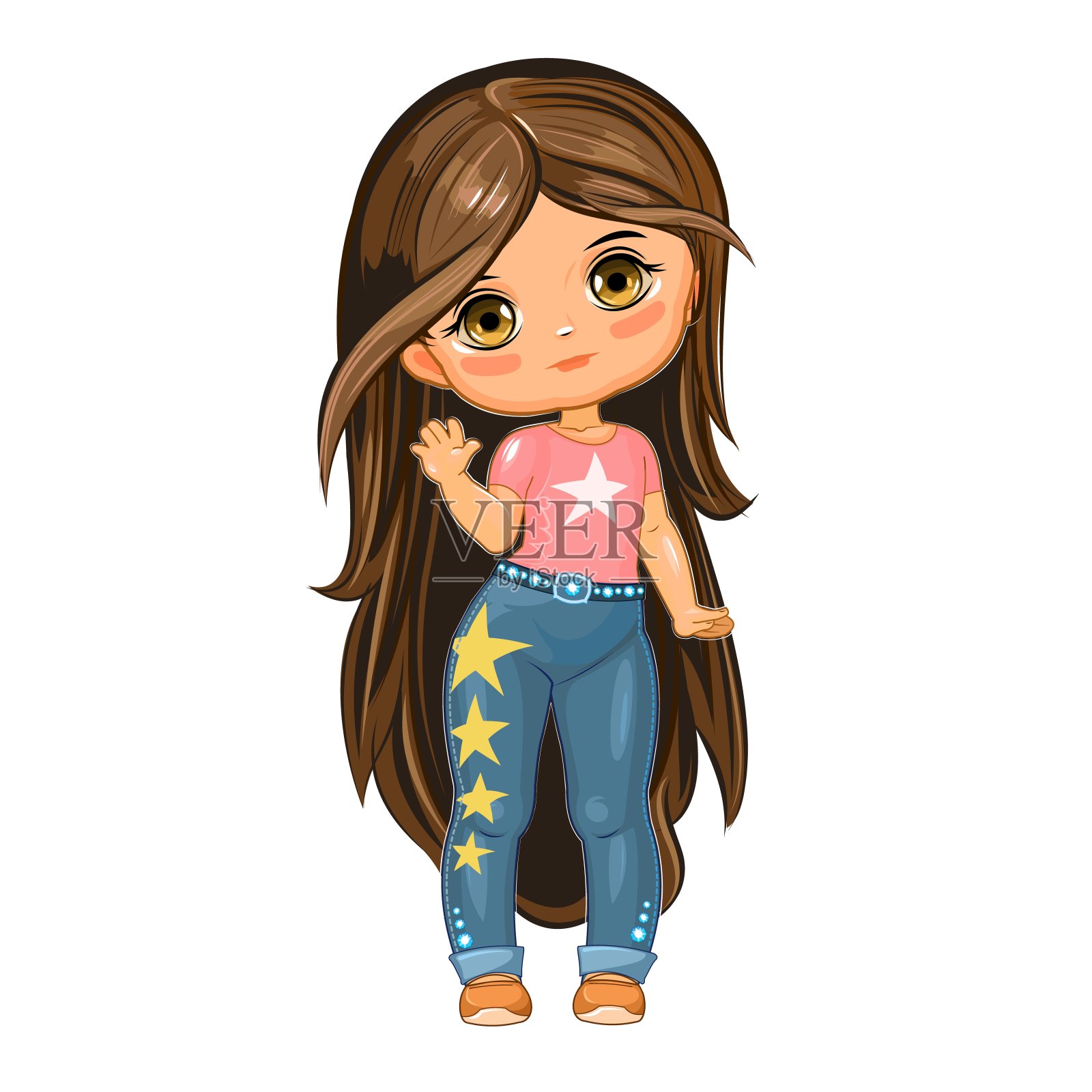 可爱的小女孩穿着缀满星星的牛仔裤。开朗风趣的孩子心情好。白色背景上的孤立物体。穿着沙滩装的婴儿。卡通平的风格。向量设计元素图片