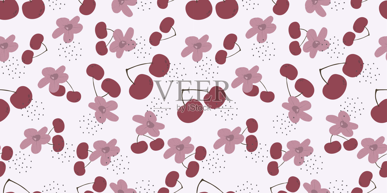 无缝背景与水果。矢量插图。适合布料、墙纸、厨房设计。卡通风格的樱桃插画图片素材