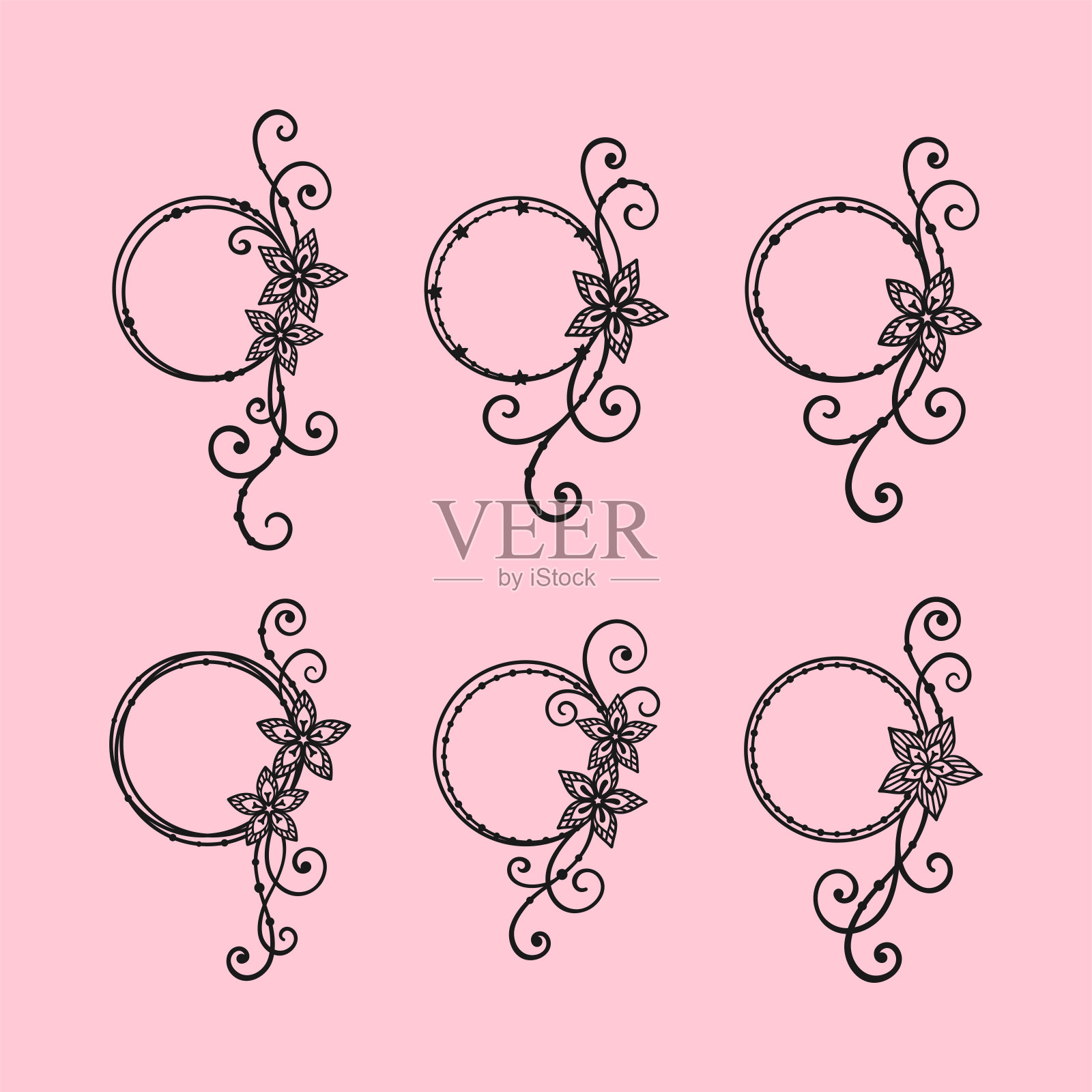 一套精致的圆形框架与鲜花，卷发和珠子插画图片素材