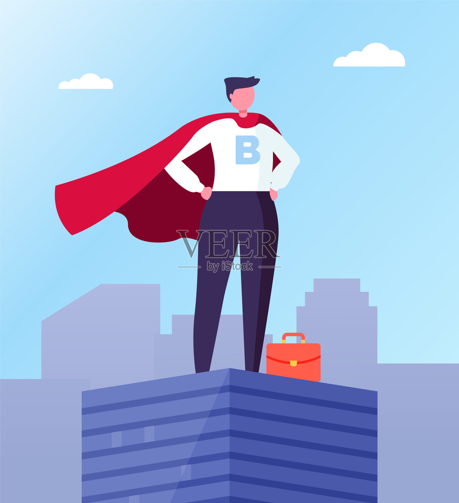 商业英雄，穿着超级英雄斗篷的领袖，屋顶上插画图片素材