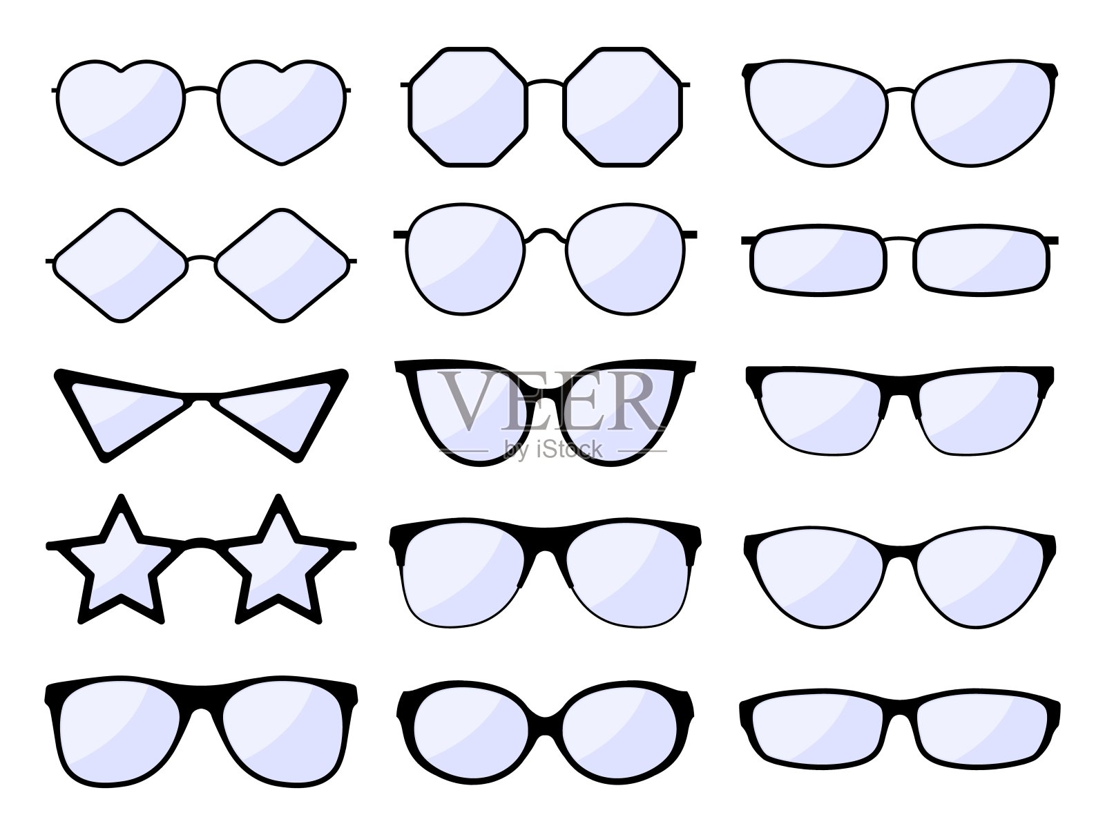 眼镜的剪影。时尚框架眼镜，黑色眼镜模型。时尚眼镜玻璃。时髦的太阳镜。矢量孤立图标集图标素材