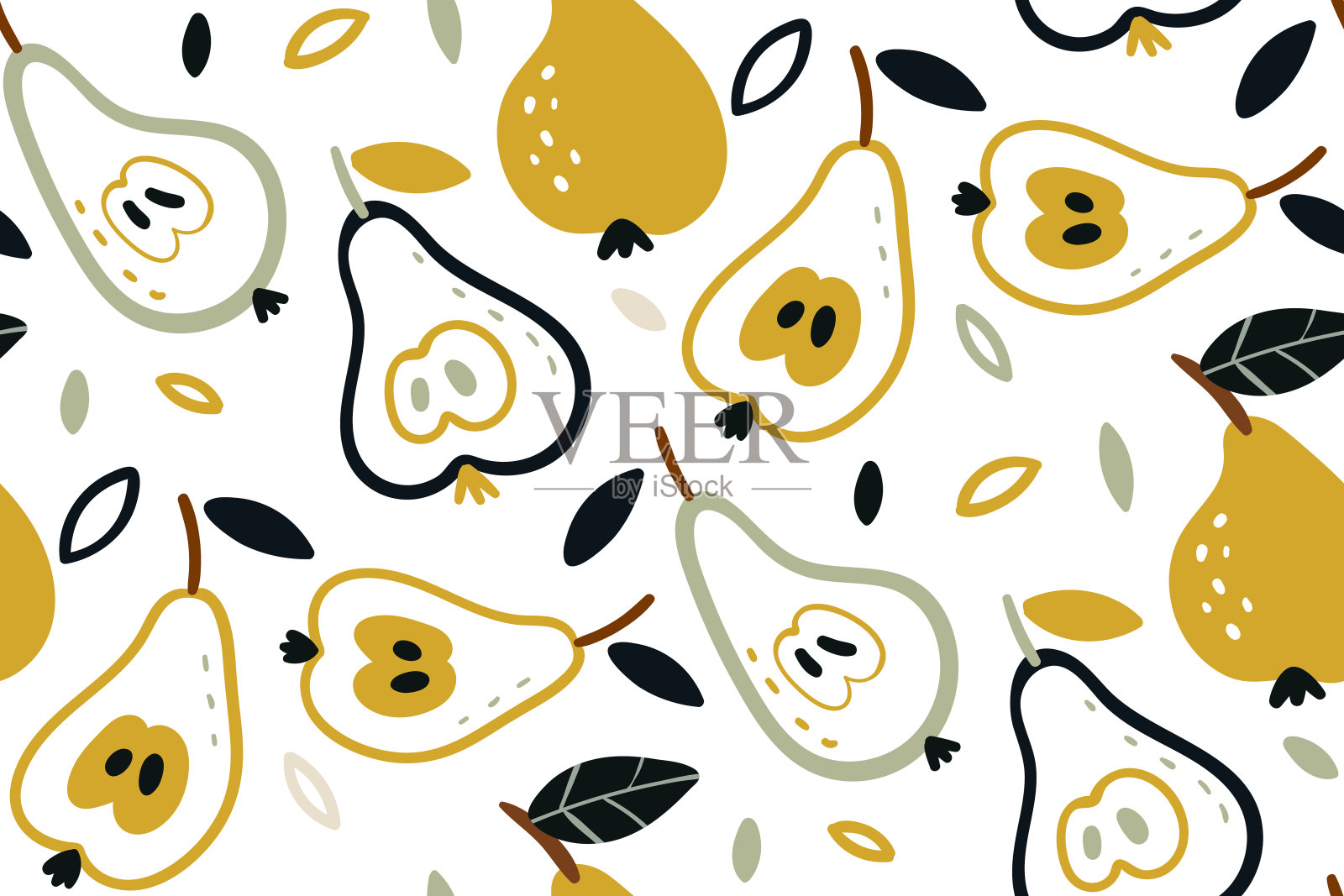 矢量无缝模式与梨孤立在白色背景。夏季水果手绘插画。新鲜的设计非常适合墙纸，礼品包装，织物。树枝上的绿梨。插画图片素材