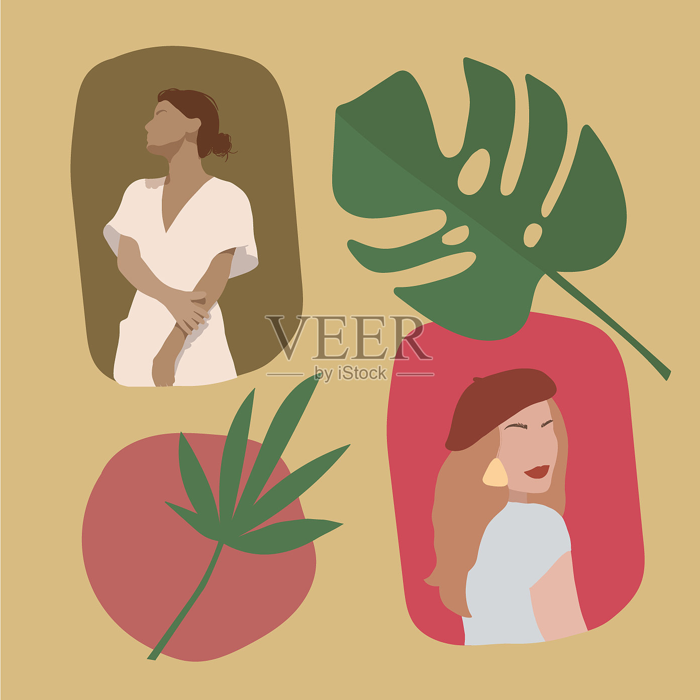 设置女性肖像与涂鸦对象纸插画图片素材