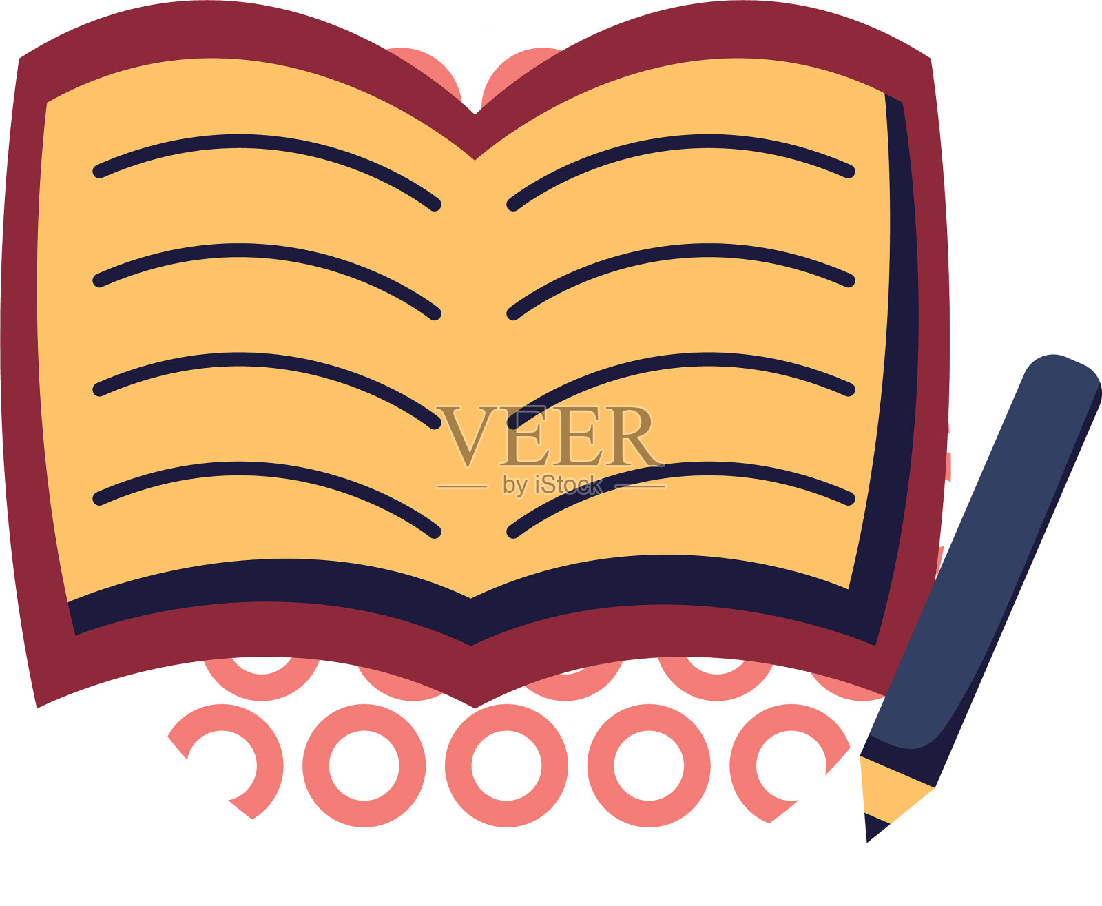 打开书与铅笔平面风格的图标设计元素图片