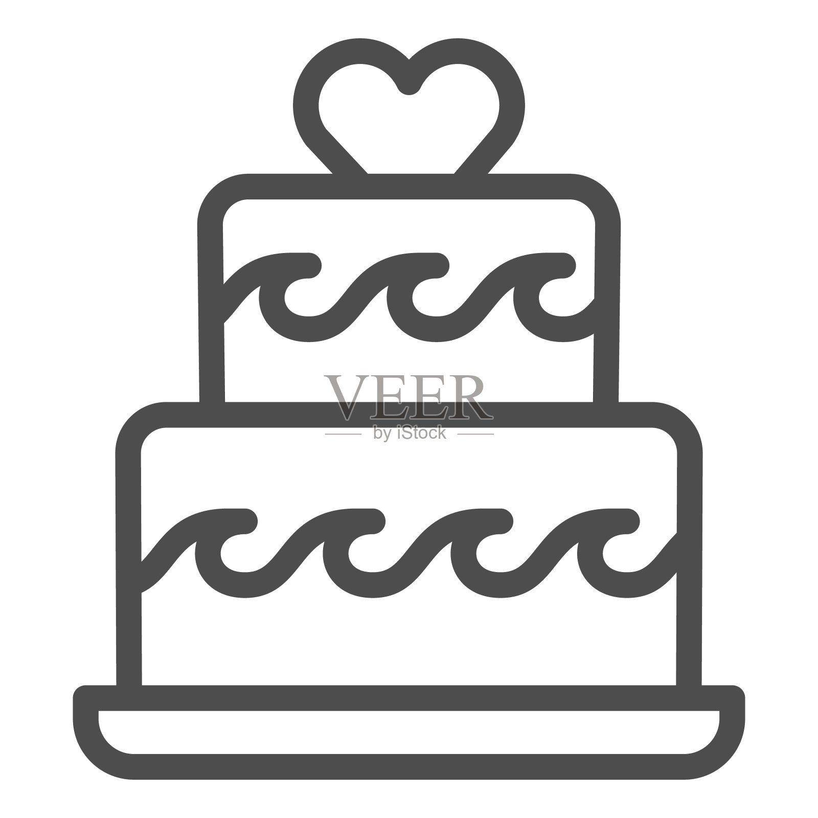 两层蛋糕与心线图标，生日纸杯蛋糕概念，婚礼蛋糕标志在白色背景，两层节日蛋奶酥装饰图标轮廓风格。矢量图形。插画图片素材