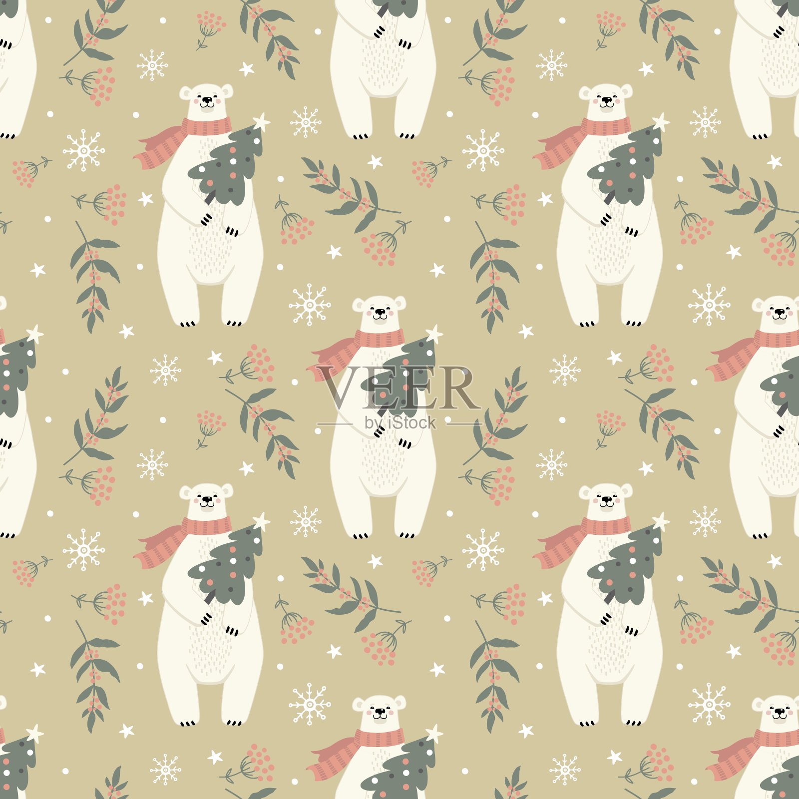 无缝模式与北极熊和冬季装饰新年假期米色背景插画图片素材