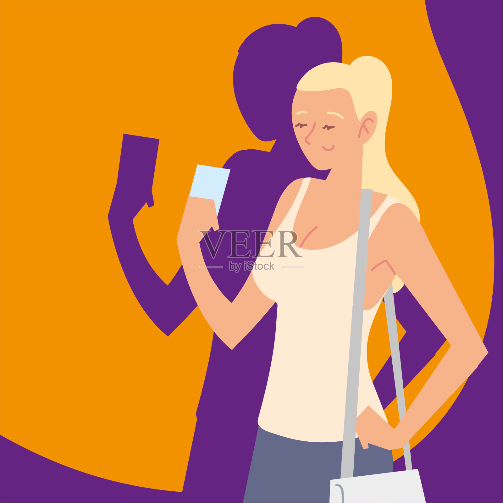 金发女人与智能手机，图像阴影风格插画图片素材